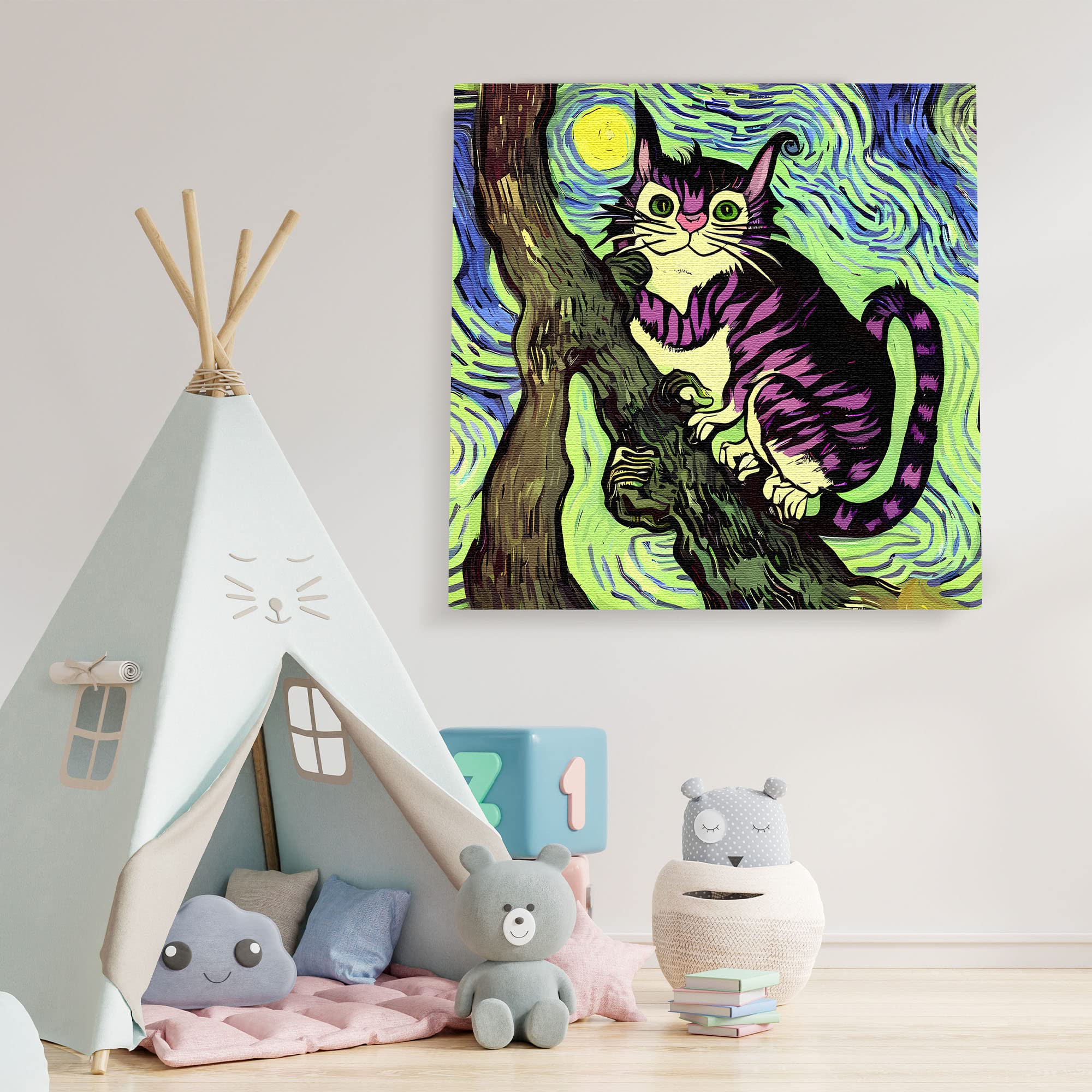 Colorful Cheshire cat wall art with bright purple stripes and glowing eyes on swirling vibrant green and blue background in kids playroom