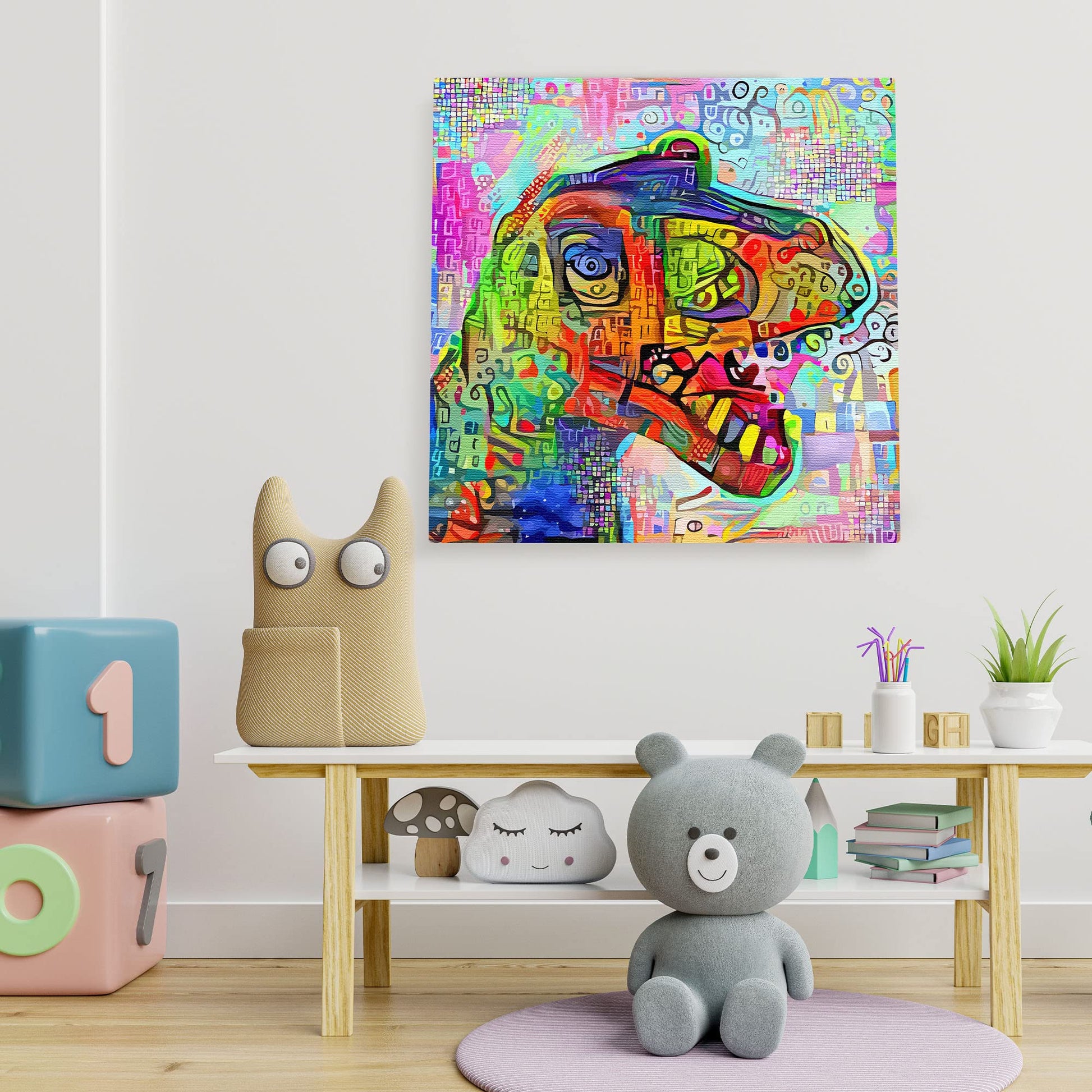 Colorful geometric mosaic T-Rex dinosaur art with vibrant abstract patterns on square canvas in playful kids' room setting