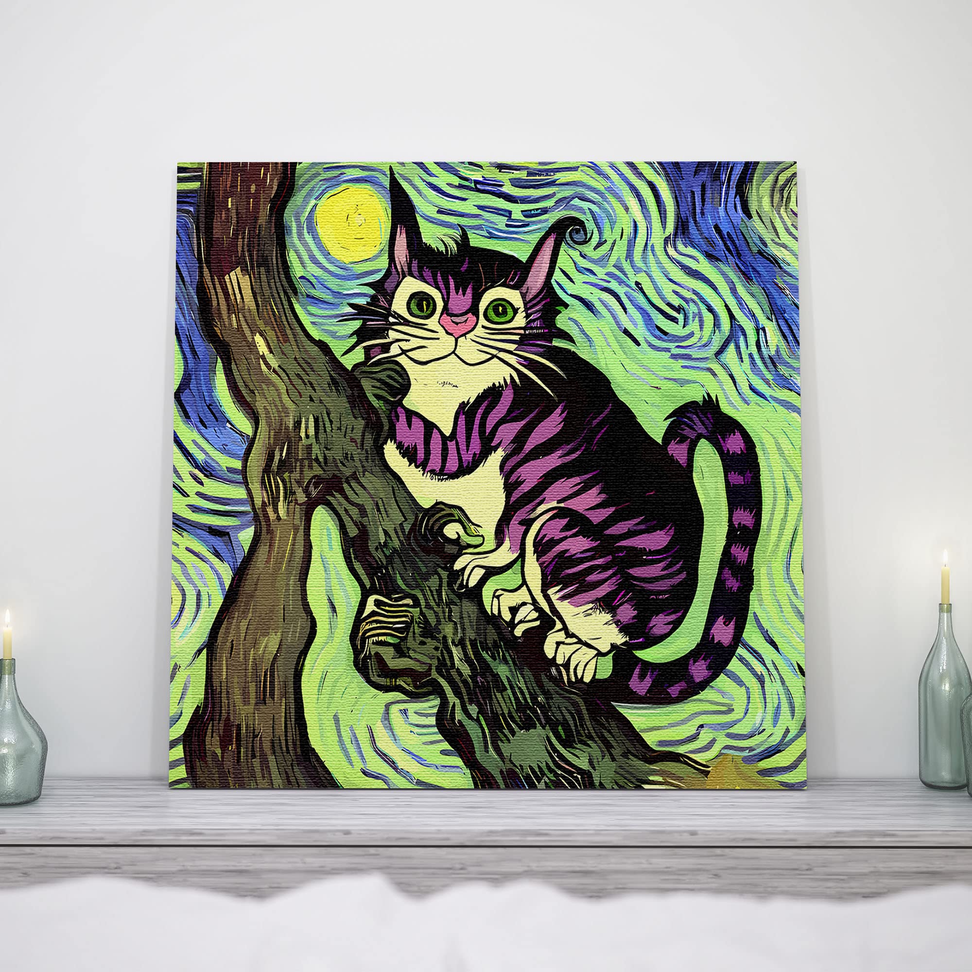 Colorful Cheshire cat wall art with bright purple stripes perched on twisted tree branch under swirling vibrant green and blue sky