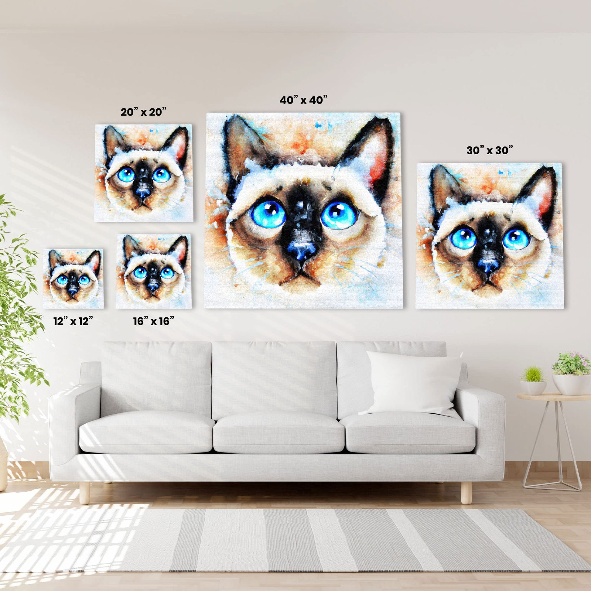 Abstract watercolor Siamese cat wall art featuring striking bright blue eyes with soft beige, brown, and black tones on white background