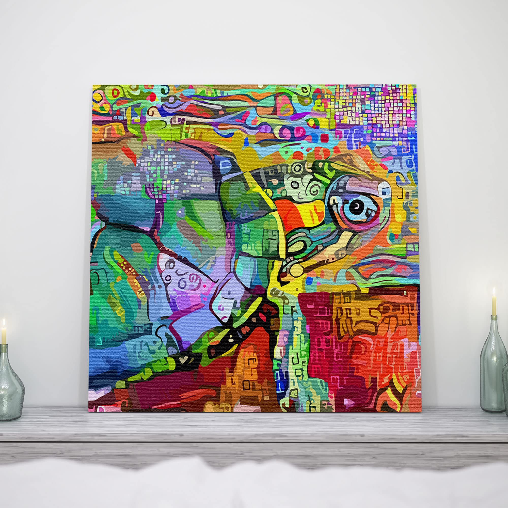 Colorful abstract sea turtle with detailed geometric patterns on vibrant multicolor background printed on square canvas on mantelpiece