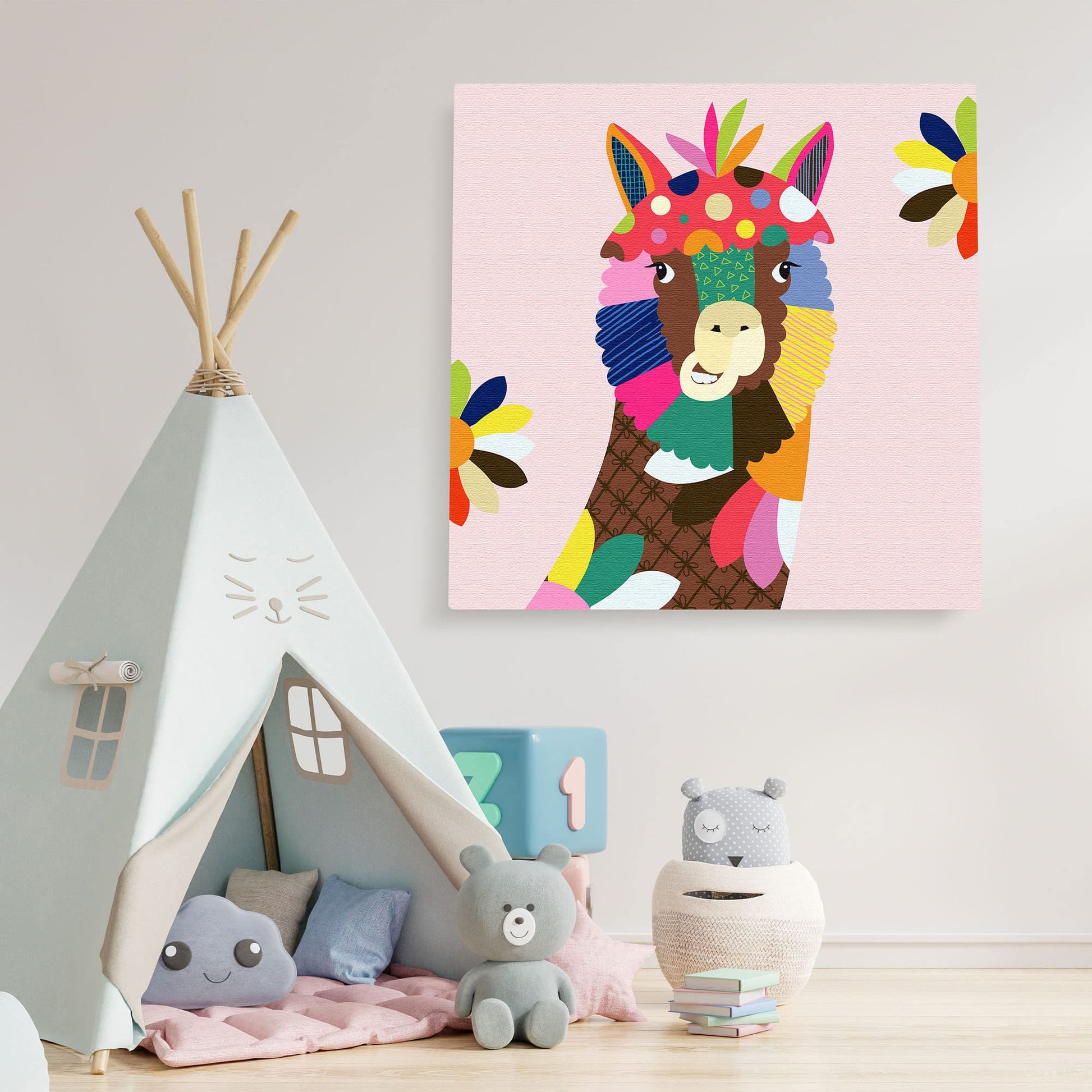 Colorful abstract alpaca nursery wall art with vibrant pinks, blues, greens, yellows, and oranges in geometric floral patterns