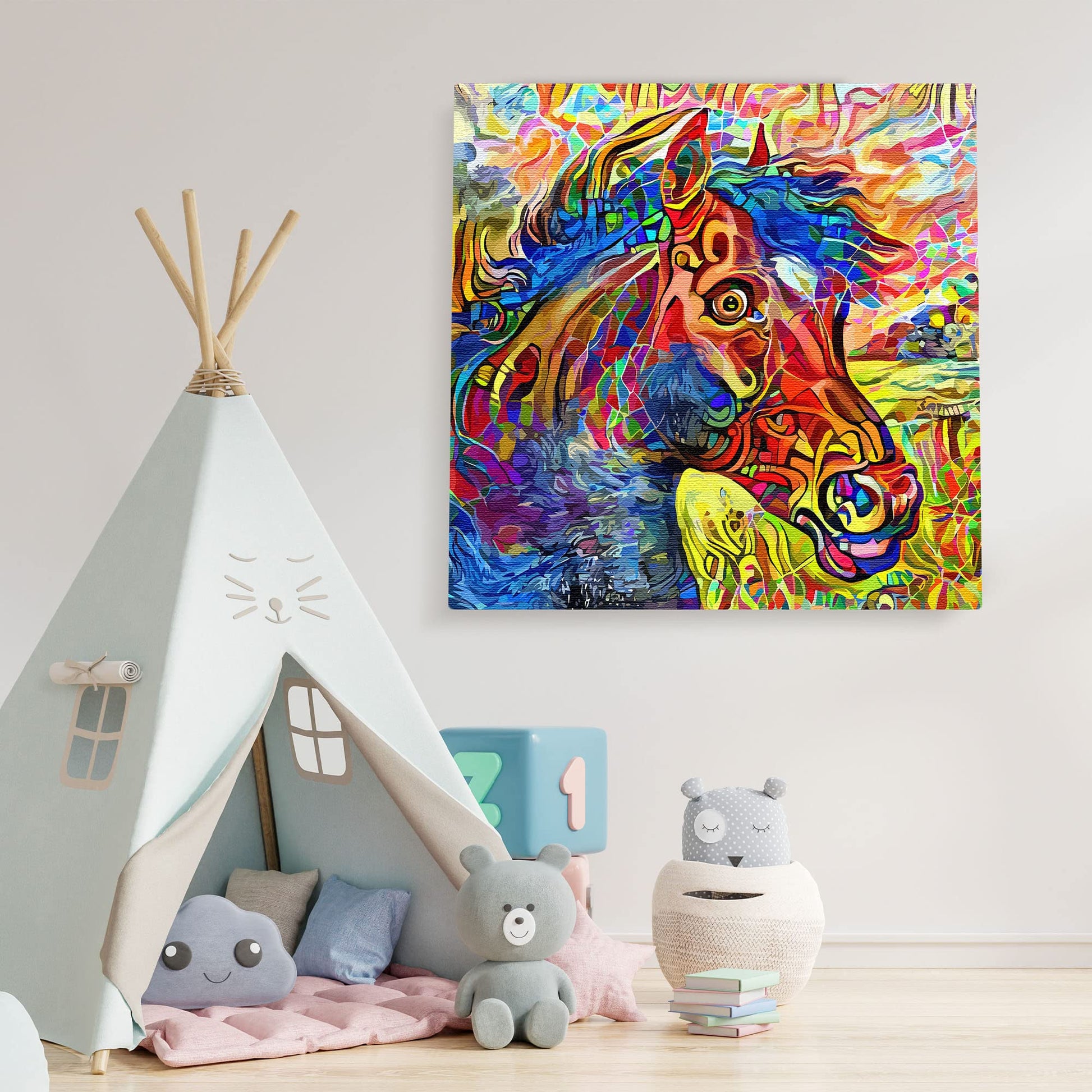 Colorful abstract horse art painting on textured canvas in vibrant modern minimalist kids room setting