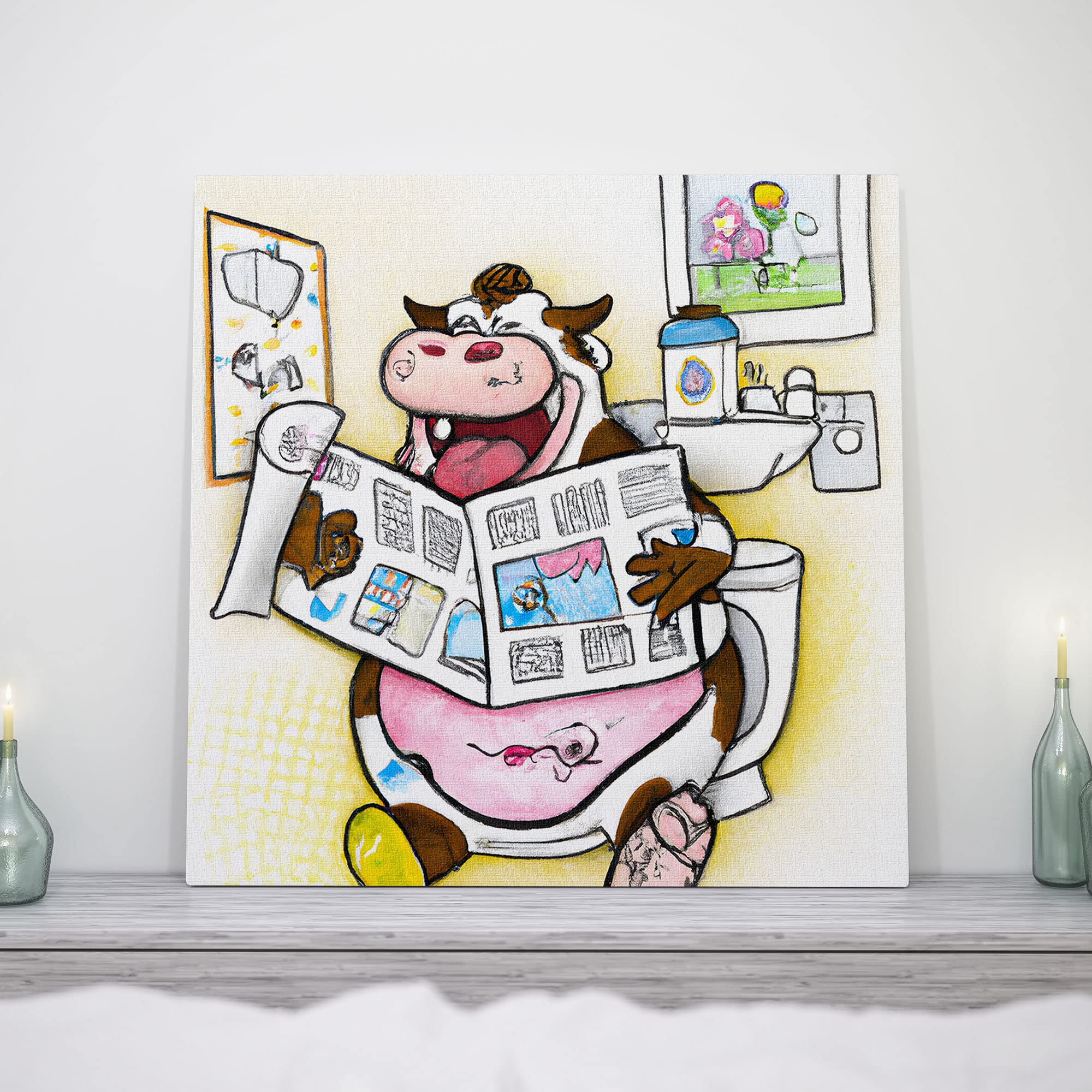 Funny cow watercolor canvas art with cartoon cow sitting on toilet reading newspaper in modern minimalist bathroom decor setting