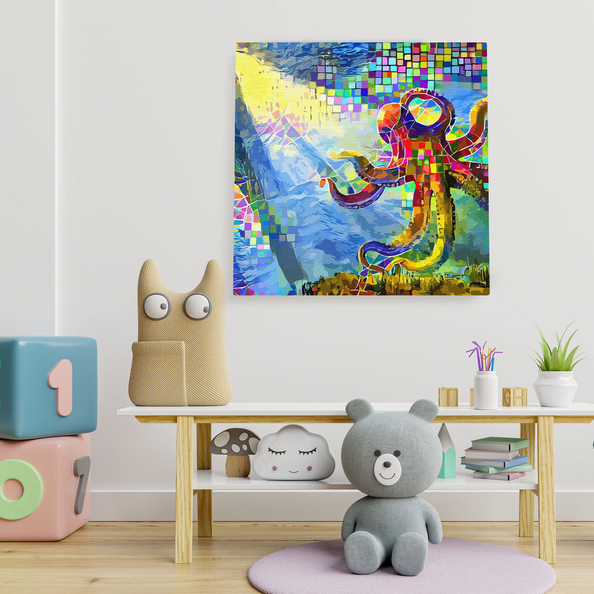 Colorful abstract underwater octopus with vibrant geometric patterns on square canvas wall art in playful children's room setting