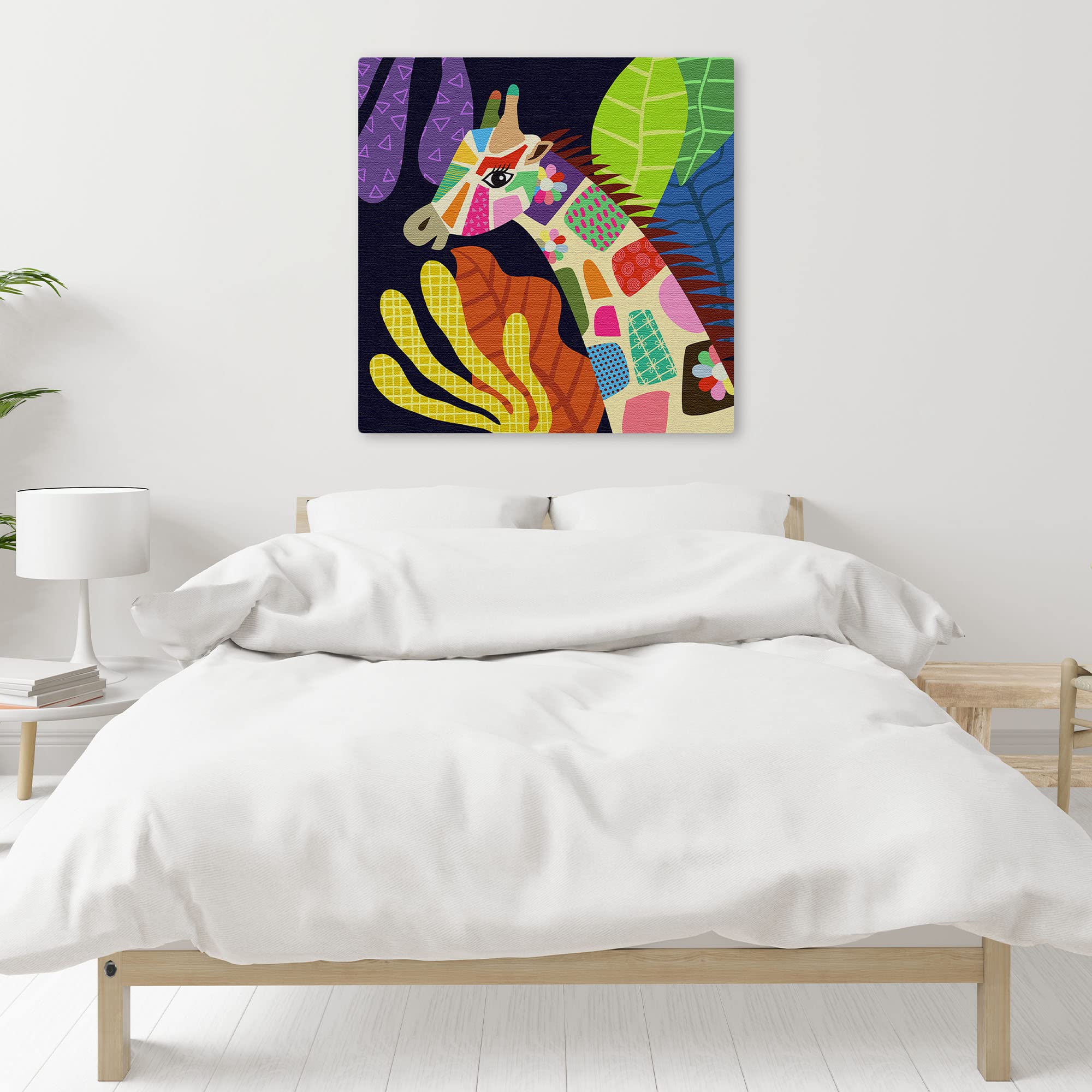 Colorful geometric giraffe head canvas art with vibrant abstract shapes in modern minimalist bedroom wall decor setting