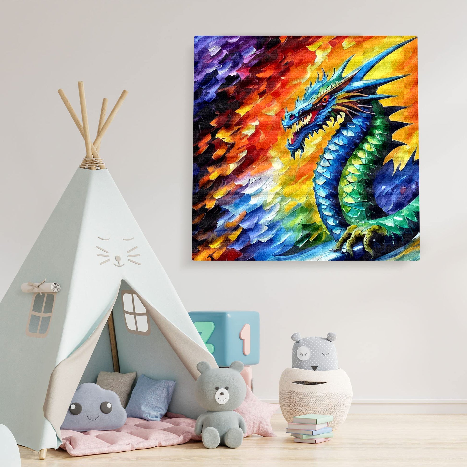 Vibrant mythical Chinese dragon canvas wall art with colorful scales and fiery abstract background in modern cozy kids room