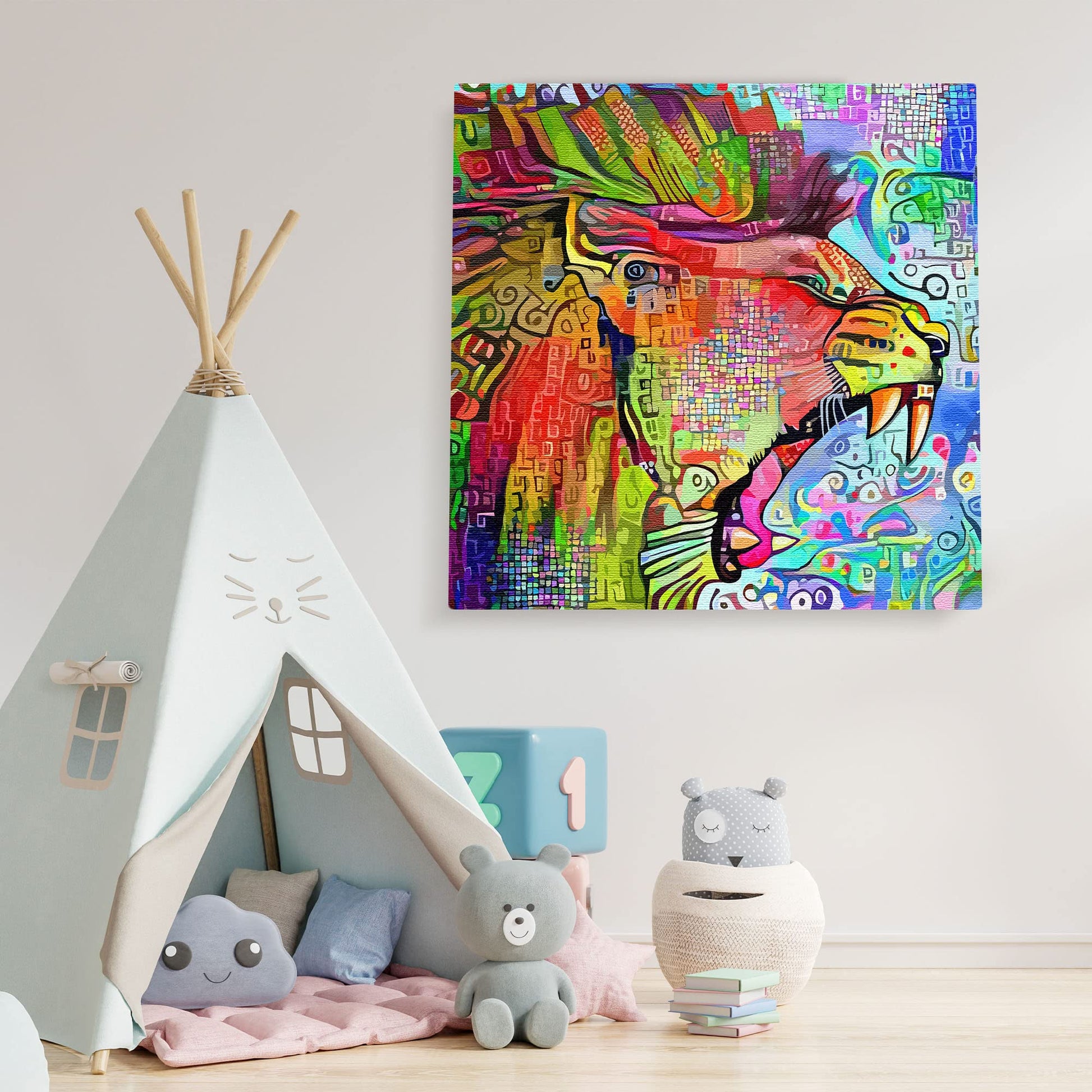 Vibrant multicolored abstract roaring lion artwork on square canvas displayed on white kids room wall above plush toys and teepee
