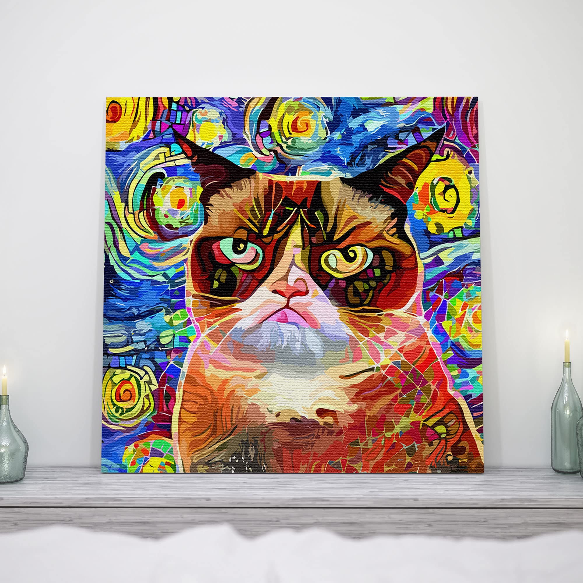 Abstract cat wall art featuring a grumpy cat with warm brown and orange tones against a vibrant swirling blue and yellow starry background