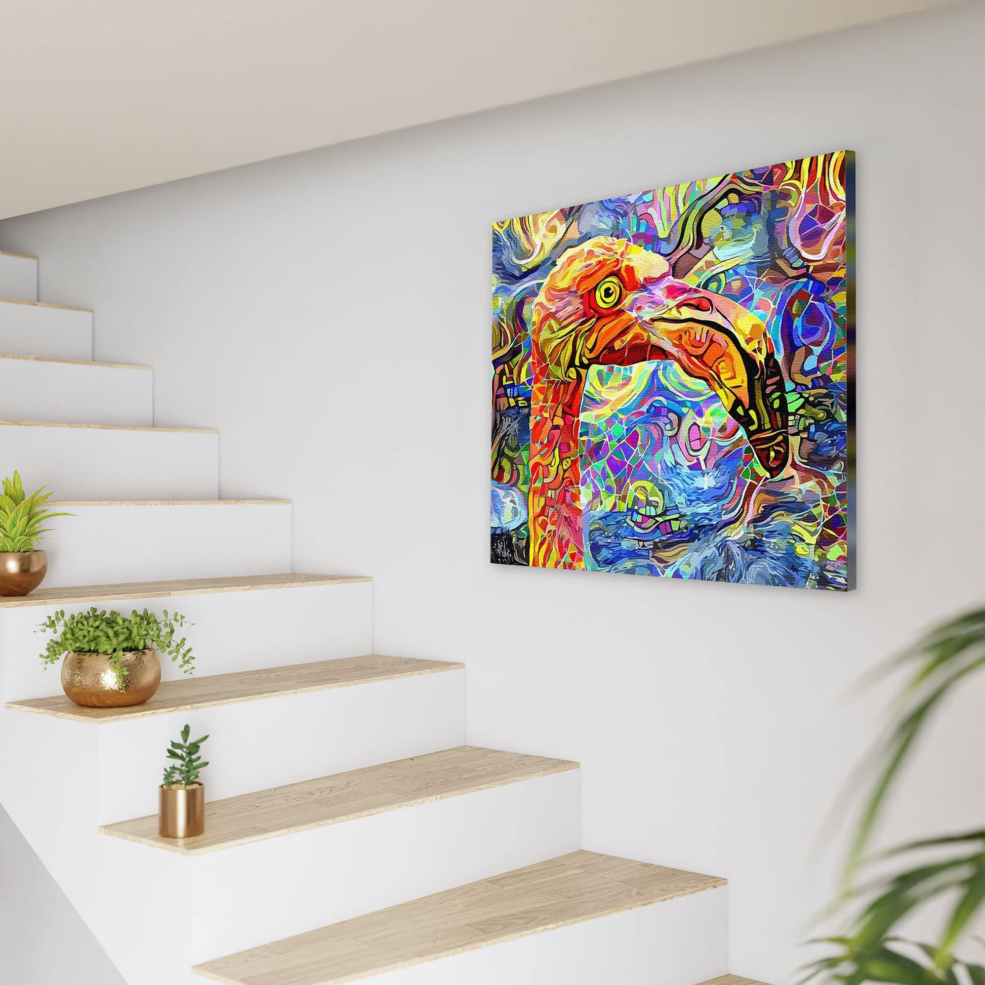 Colorful quirky abstract flamingo bird wall art with vibrant patterns hanging on white wall near modern staircase and plants