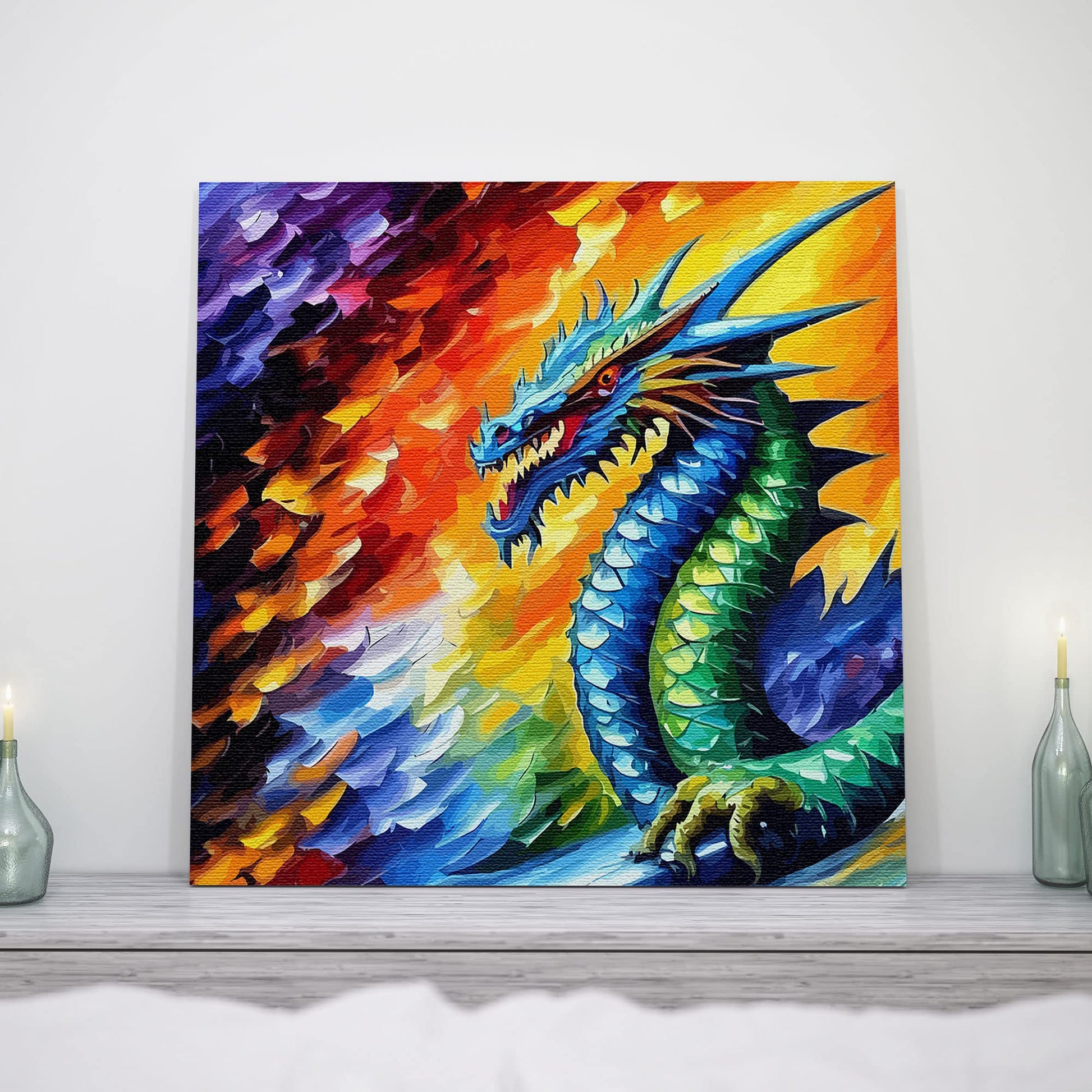 Vibrant mythical Chinese dragon canvas wall art with colorful scales and fiery multicolor abstract background on square canvas