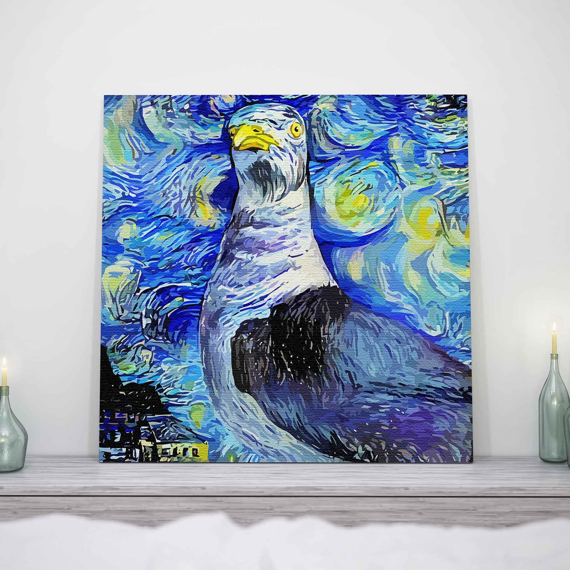Abstract blue seagull with swirling starry night sky and vibrant brushstroke patterns on square canvas wall art on shelf