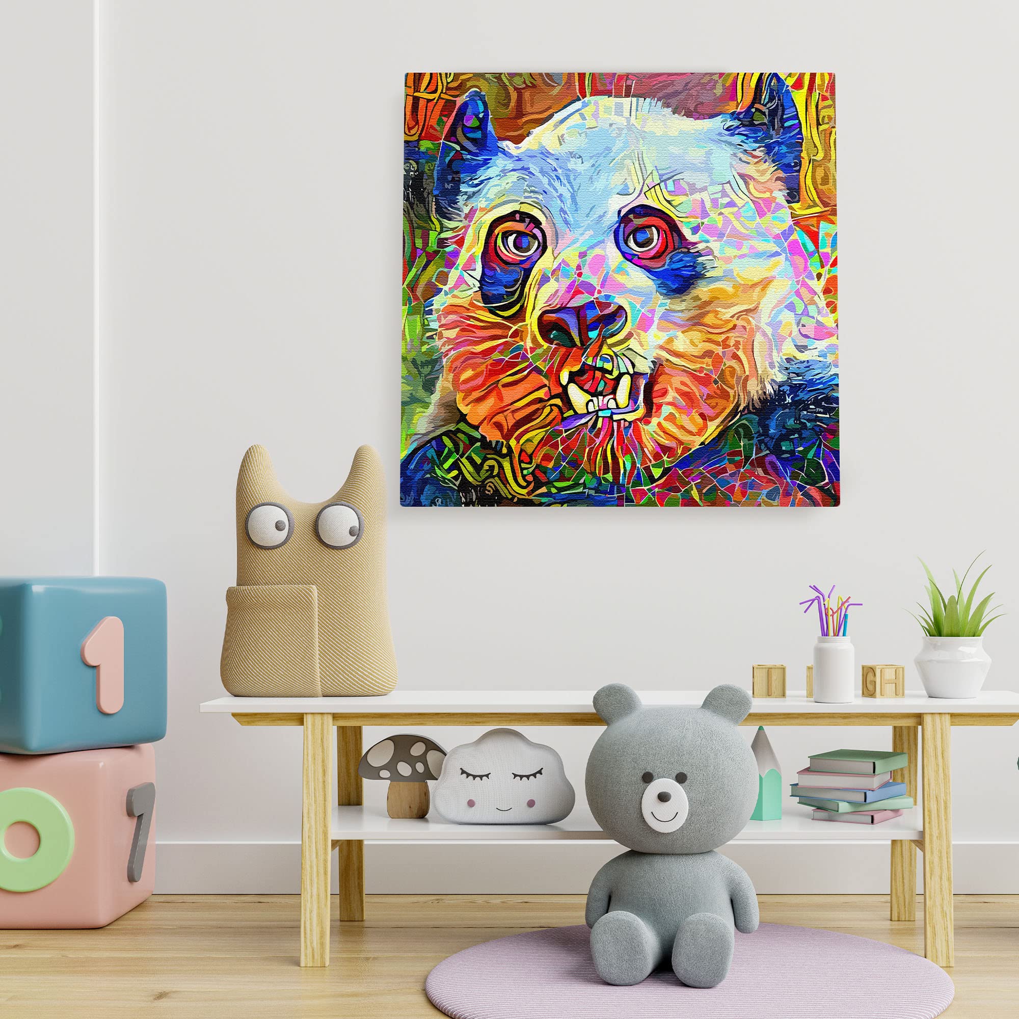 Colorful abstract panda bear with vibrant geometric and swirling patterns on square canvas wall art in children's playroom