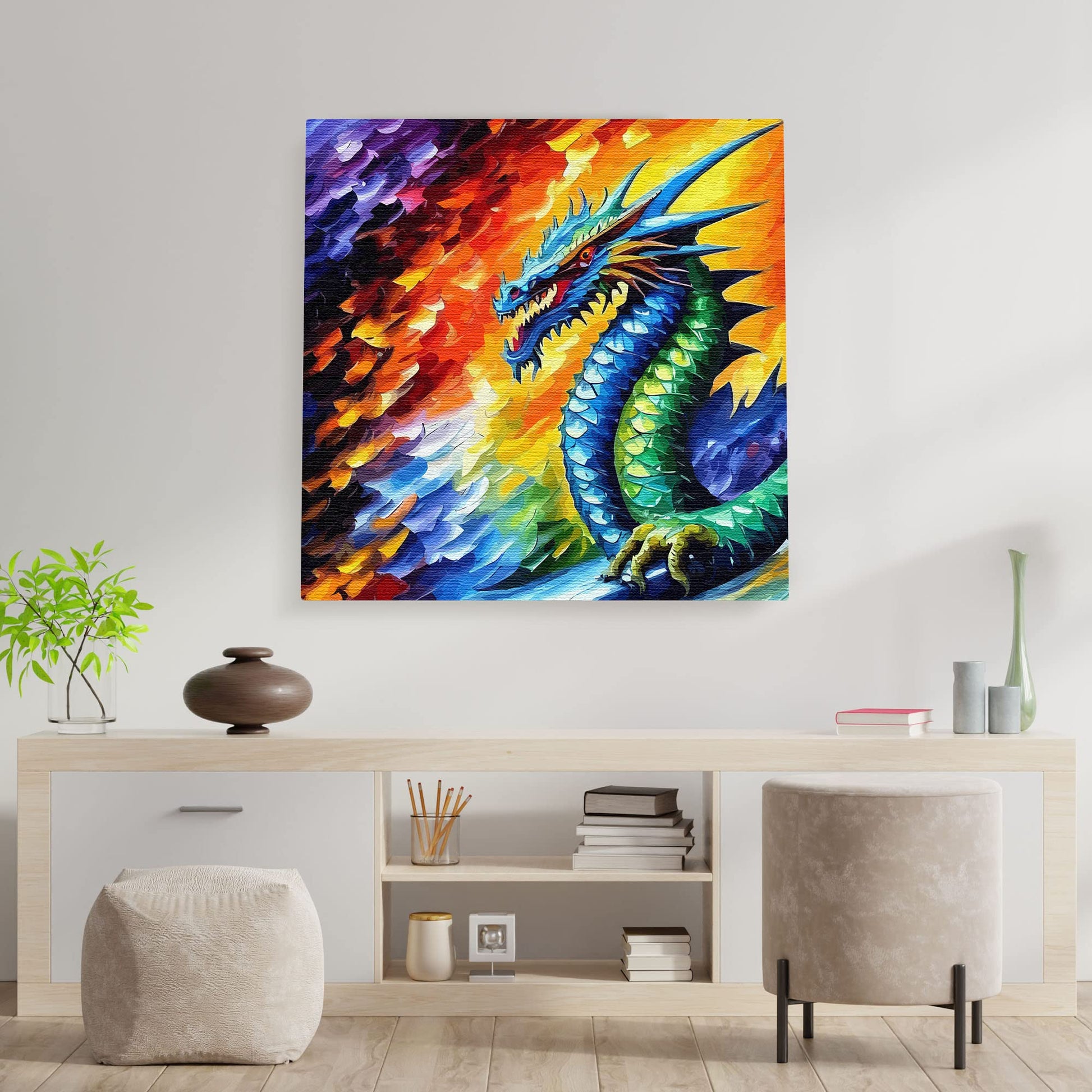 Colorful mythical Chinese dragon canvas wall art with vibrant scales and fiery abstract background on square canvas above modern console table