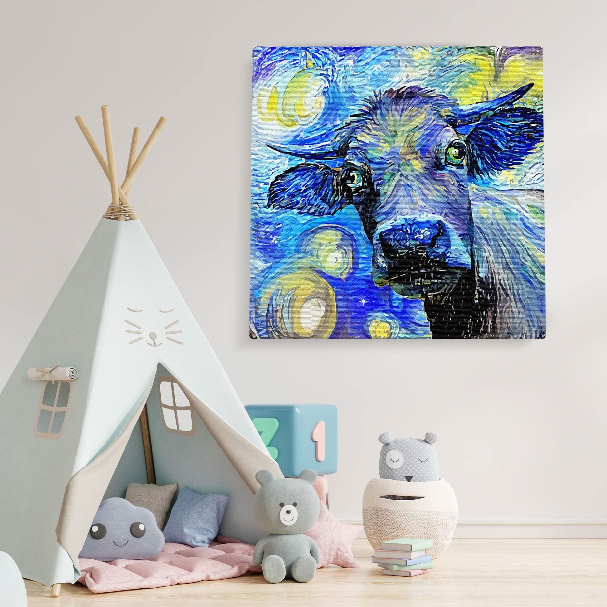 Blue abstract cow painting with swirling brushstrokes on square canvas displayed on white wall in children's room