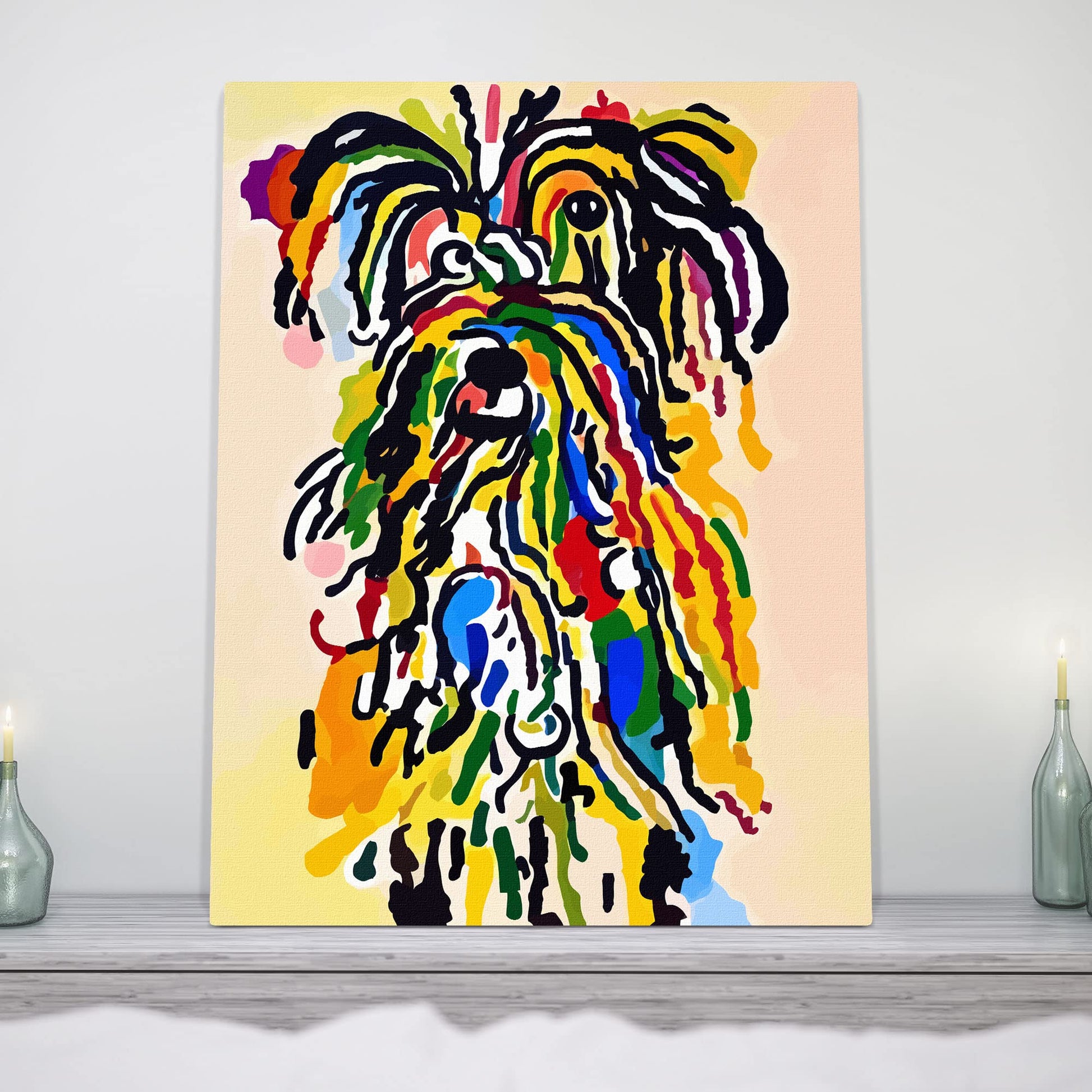Colorful abstract shaggy dog art with bold brush strokes and vibrant multicolor design displayed on canvas in modern room setting