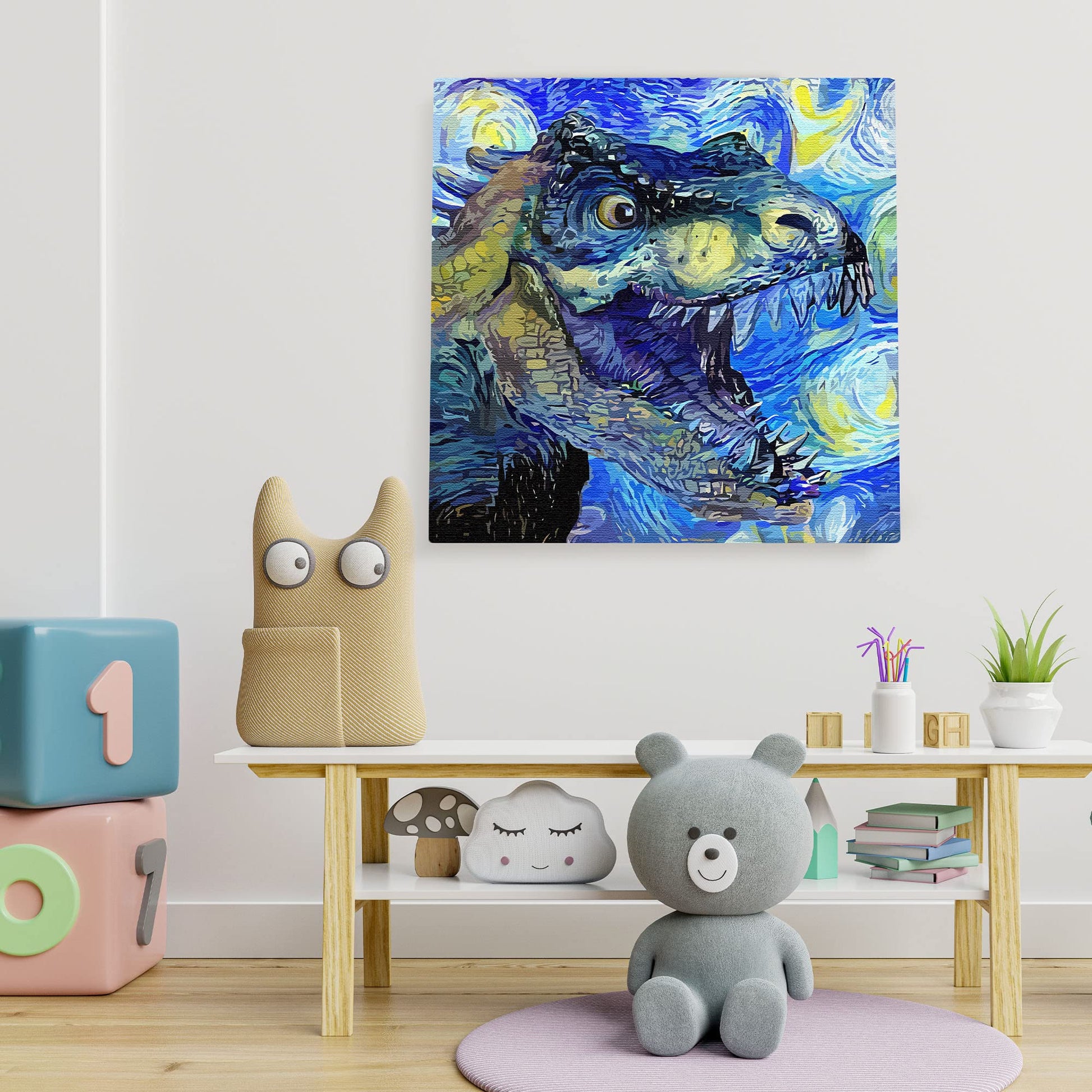 Blue Tyrannosaurus Rex dinosaur art with swirling brushstrokes on square canvas in colorful kids playroom setting