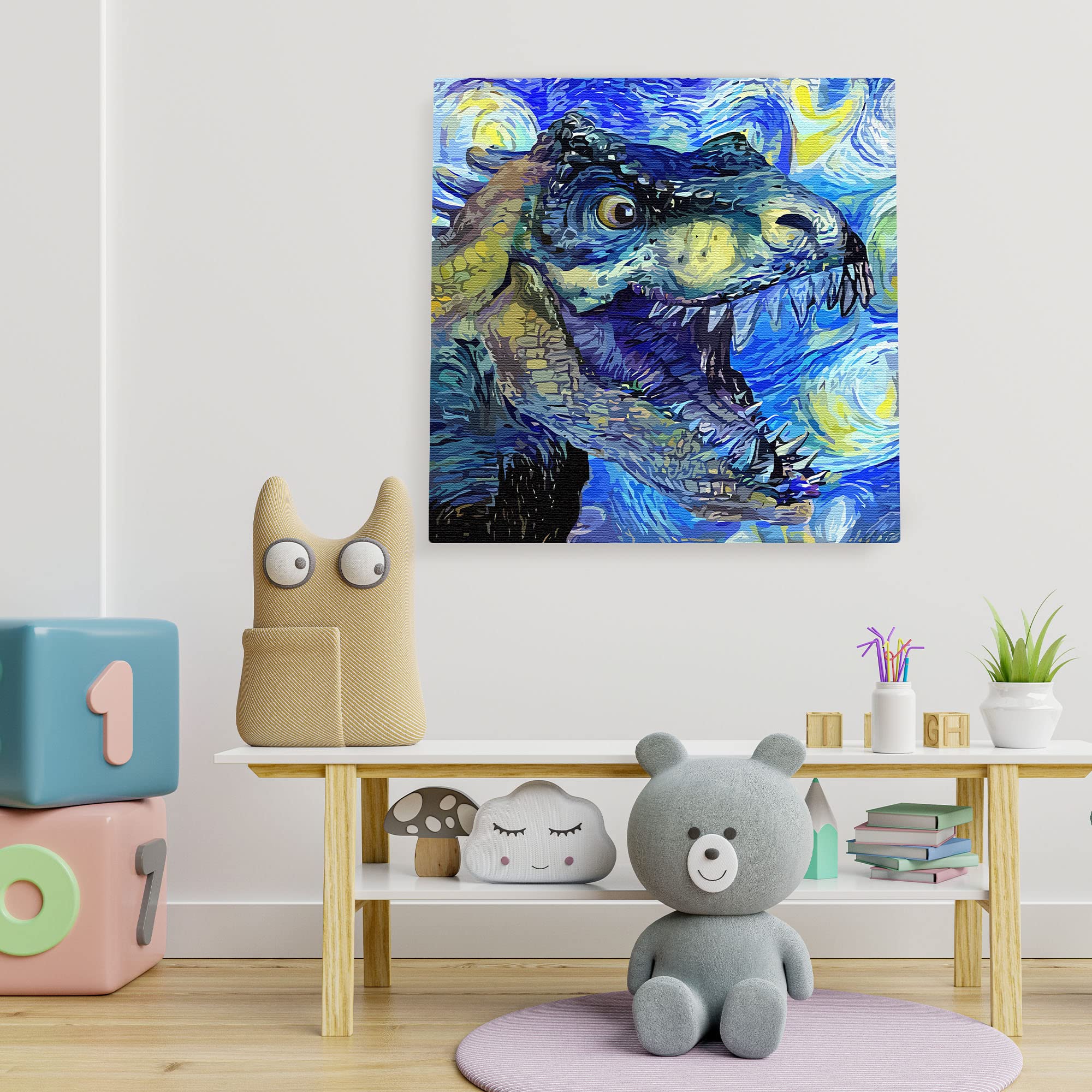 Blue Tyrannosaurus Rex dinosaur art with swirling brushstrokes on square canvas in colorful kids playroom setting