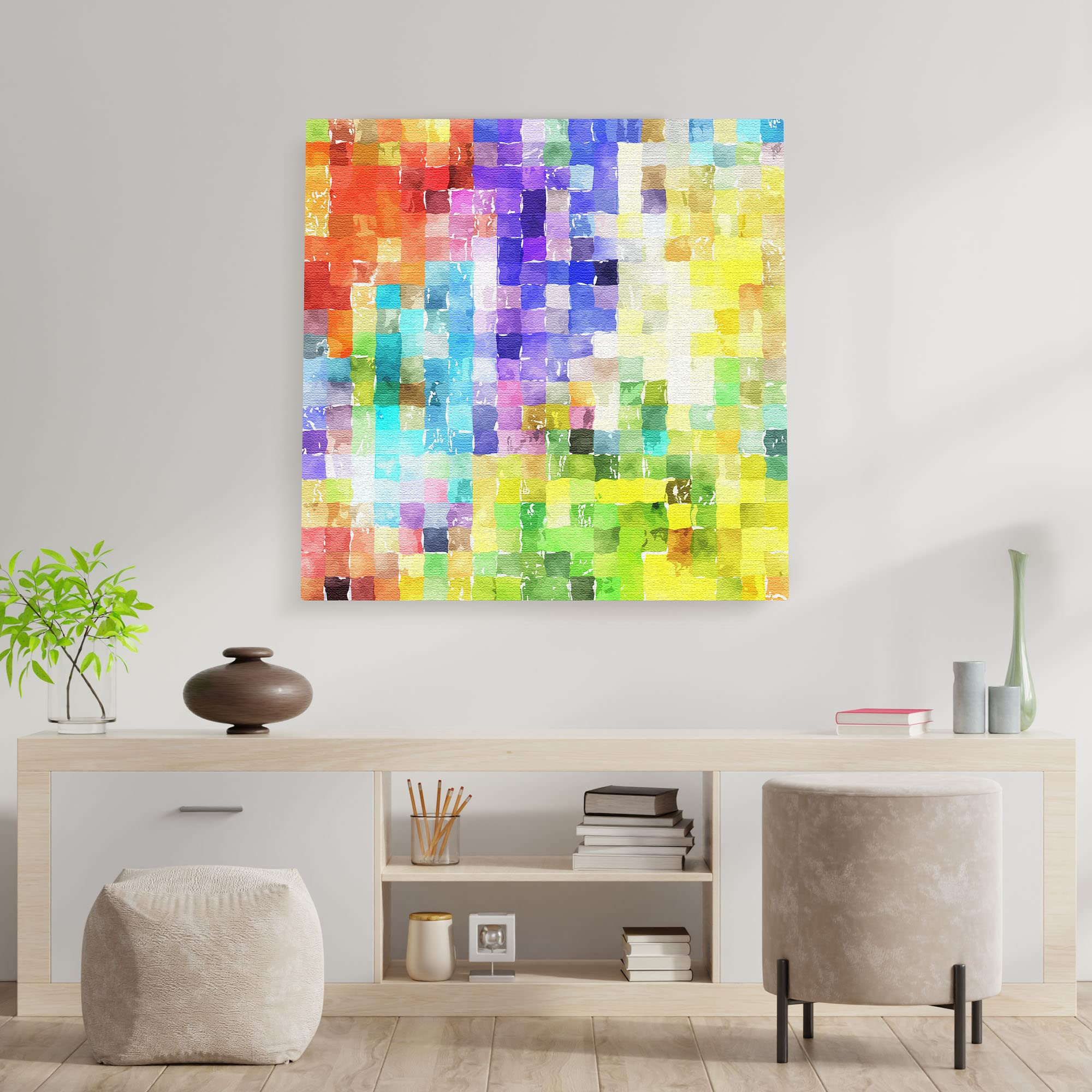 Colorful abstract watercolor mosaic wall art on square canvas displayed above modern console in bright minimalist room