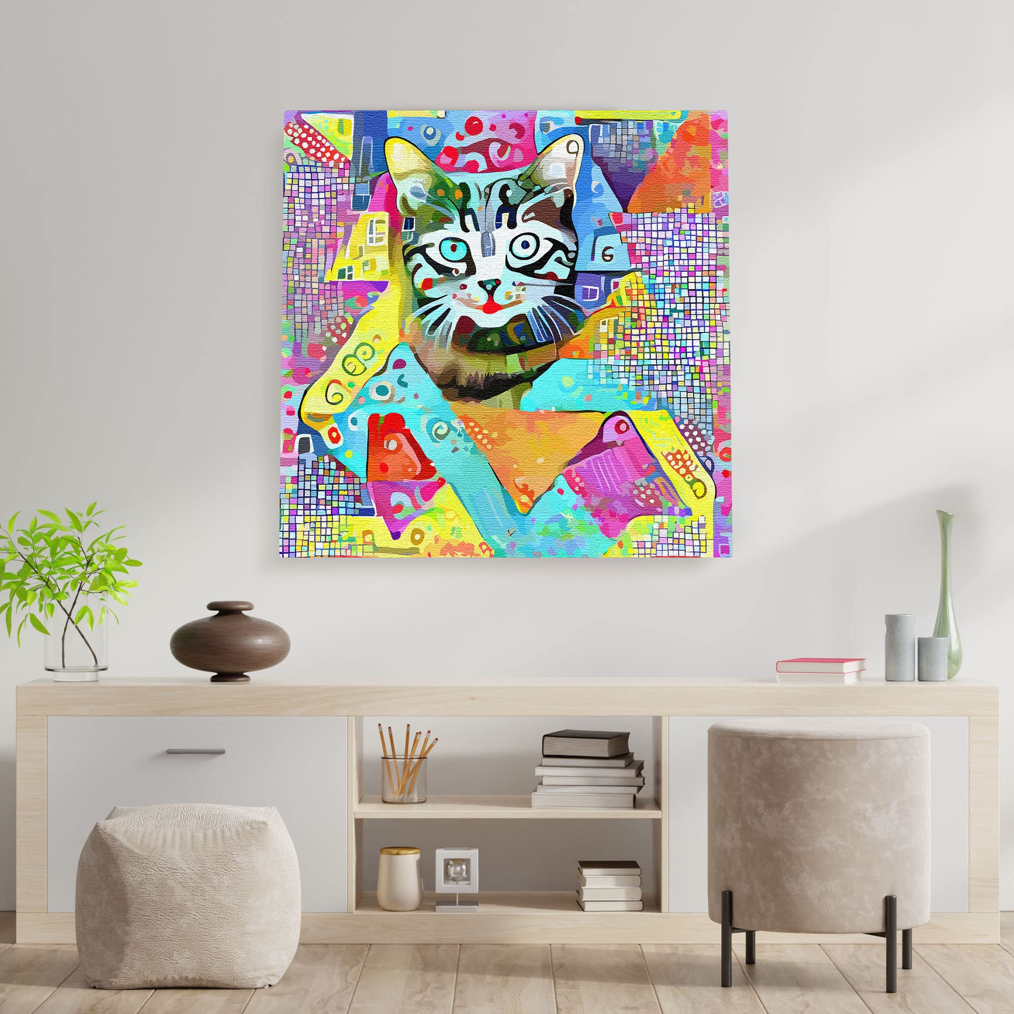 Colorful geometric cat wall art with bright patterns and playful shapes on vibrant multicolor canvas above modern console table