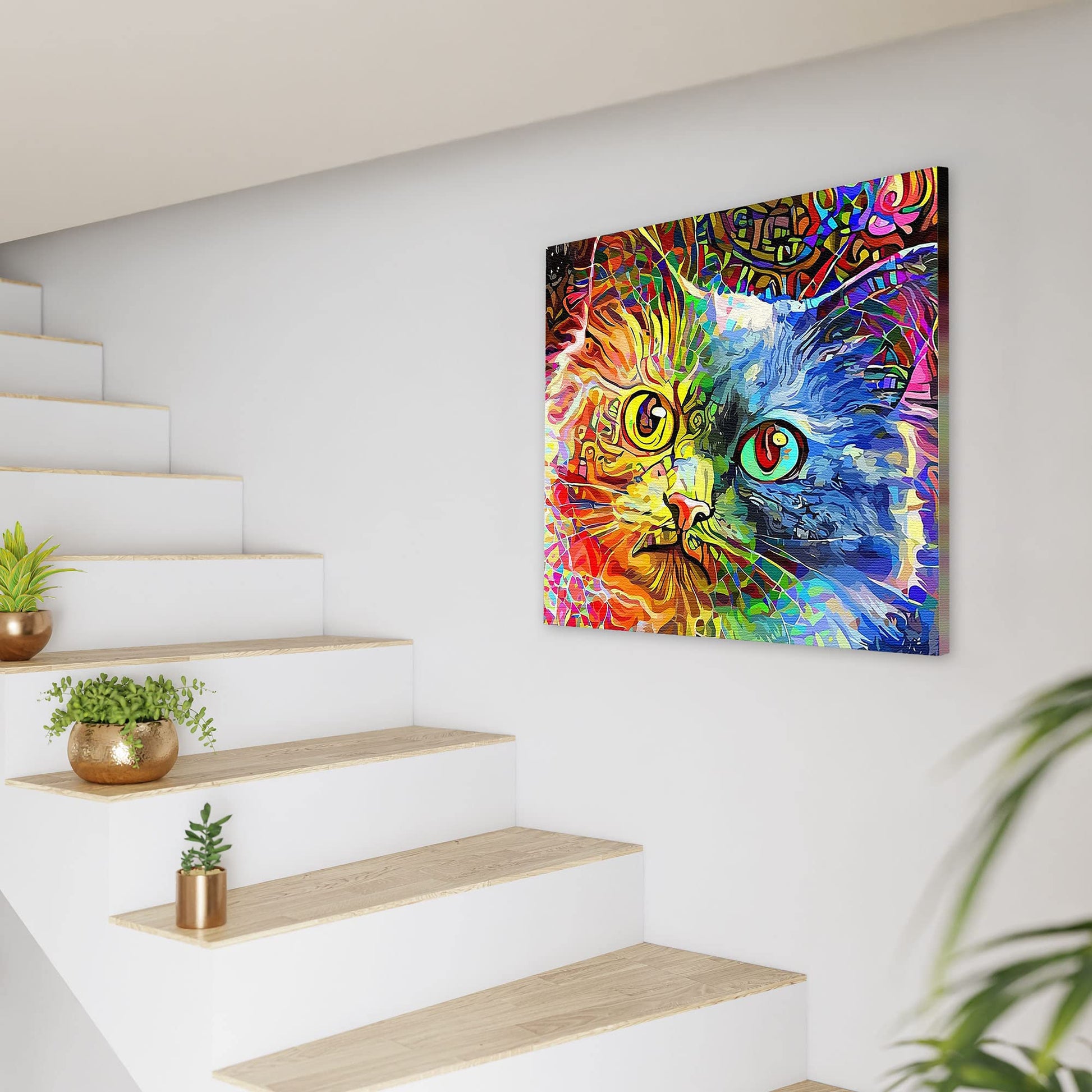 Abstract colorful cat canvas wall art with vibrant reds, blues, yellows, and greens in dynamic painterly style on white wall near stairs