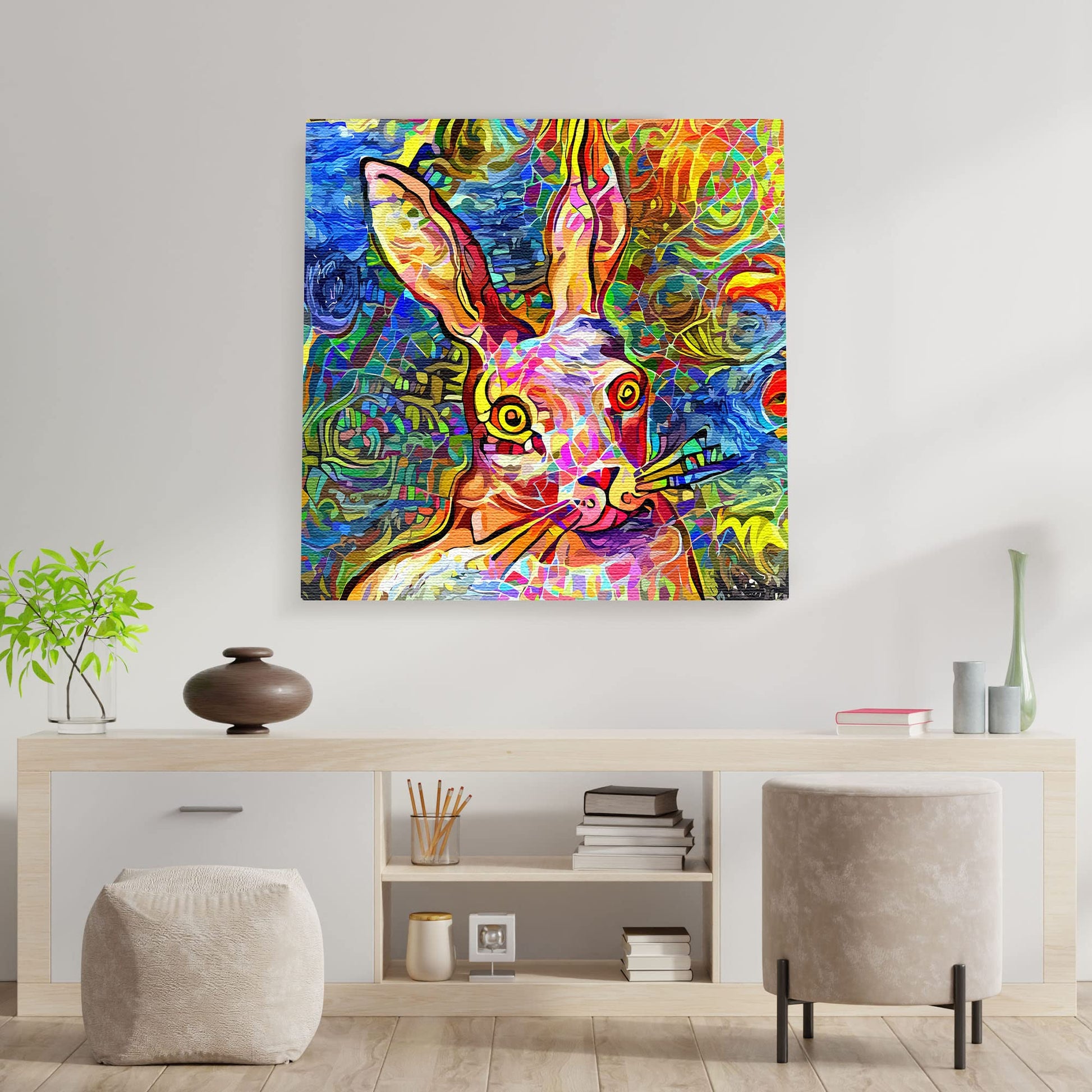 Abstract colorful bunny rabbit with vibrant geometric and swirling digital patterns on square canvas wall art above modern wooden console table