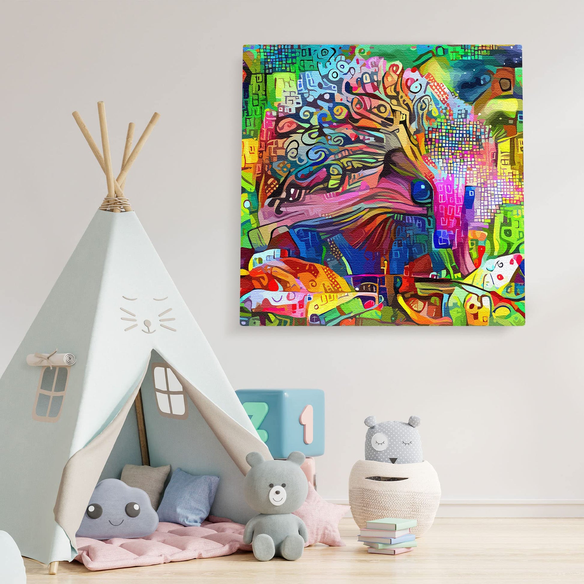 Vibrant colorful abstract cute hedgehog woodland animal artwork on canvas in bright modern minimalist kids playroom decor setting