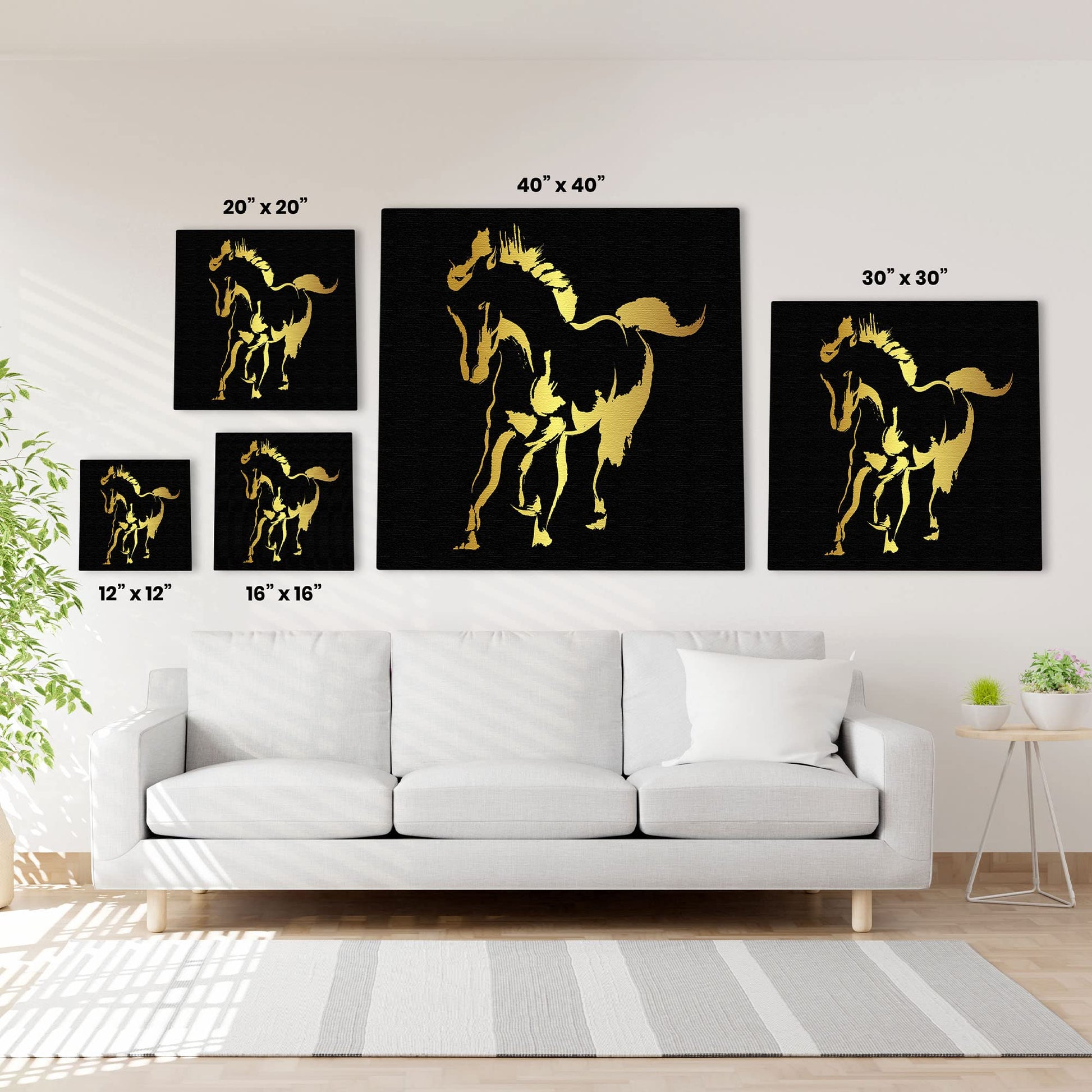 Abstract black and gold silhouette horse art print on textured canvas in modern minimalist living room setting