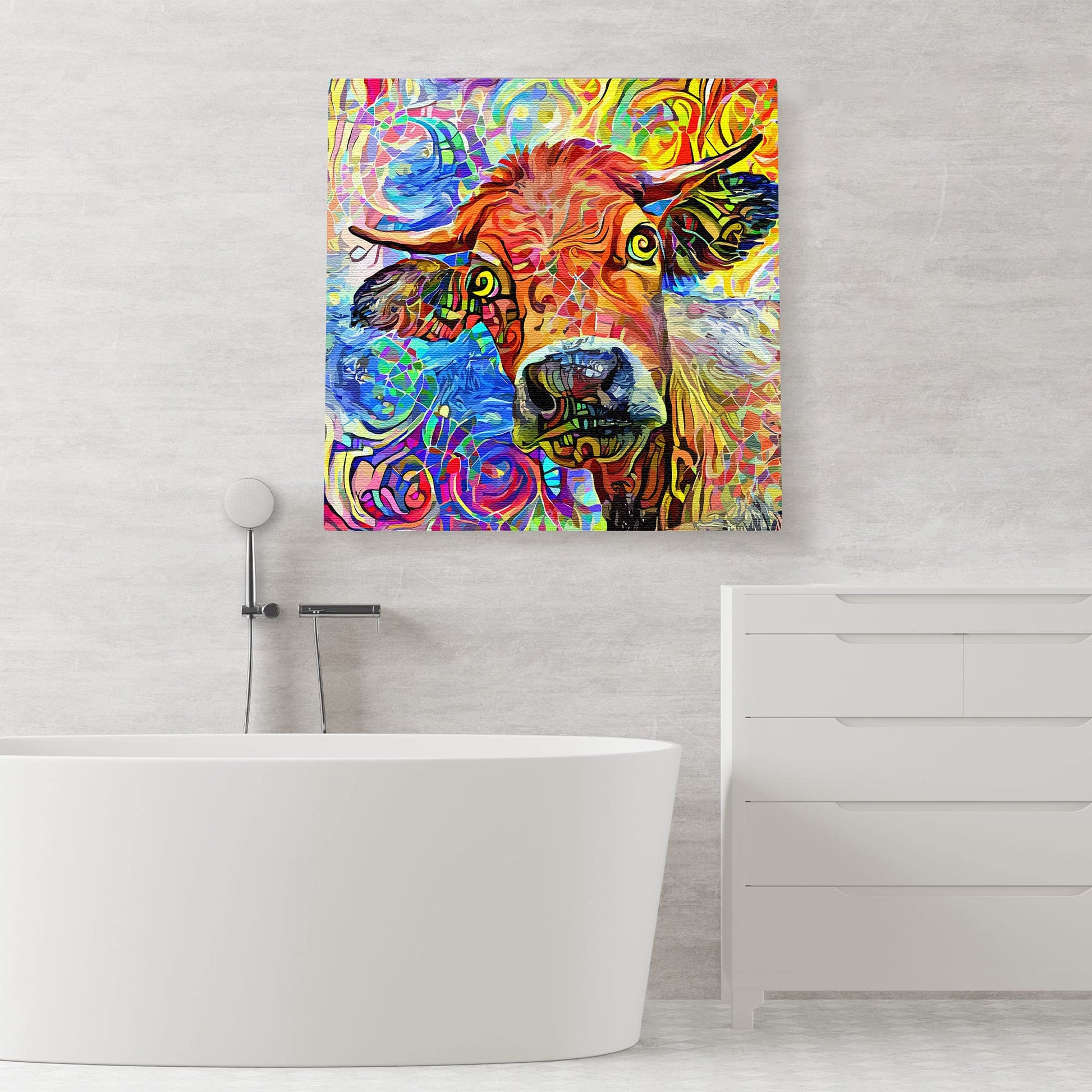 Colorful abstract cow painting with vibrant swirls and patterns on square canvas above modern white bathtub