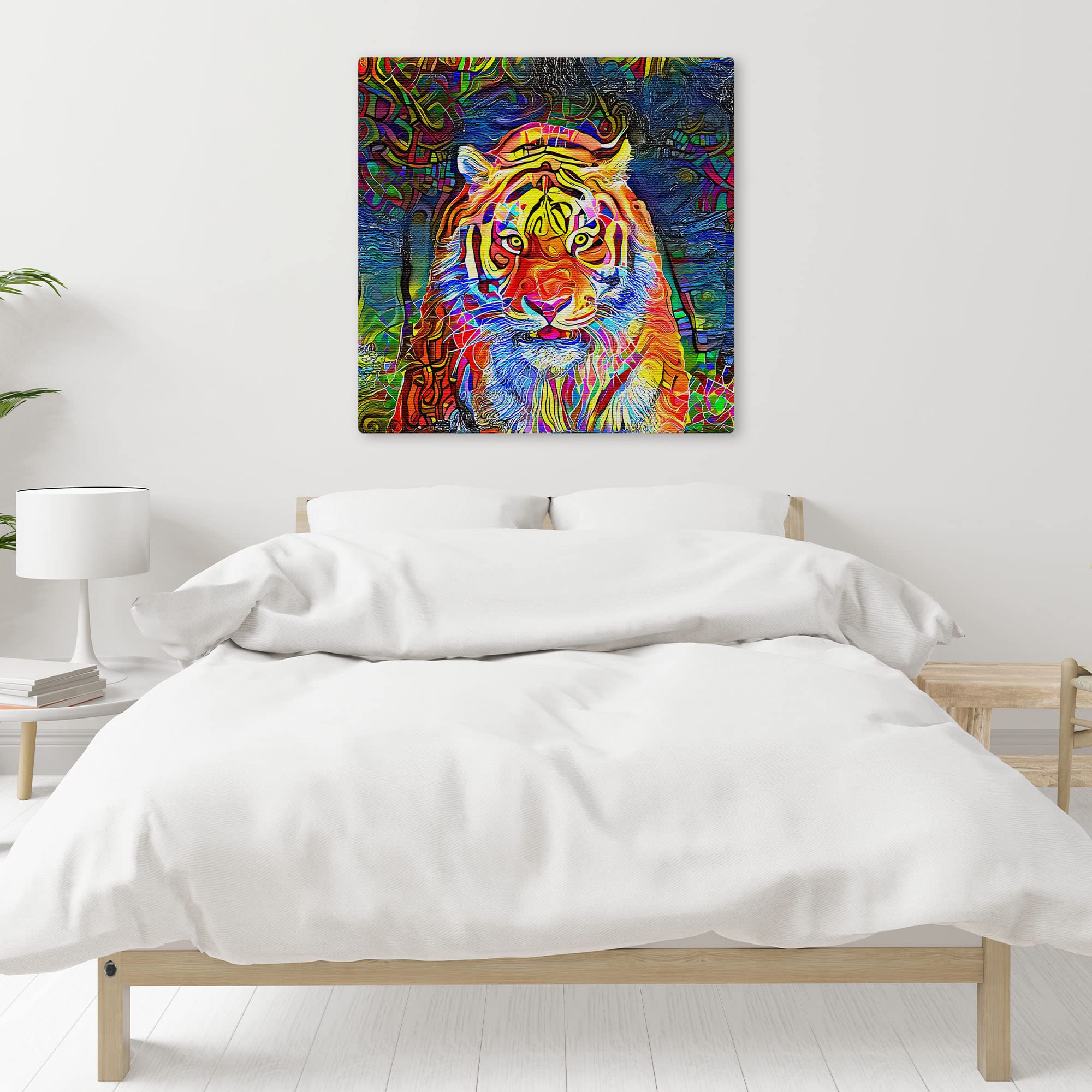Abstract colorful tiger with vibrant geometric and swirling patterns on multicolor background printed on square canvas above bed in minimalist bedroom