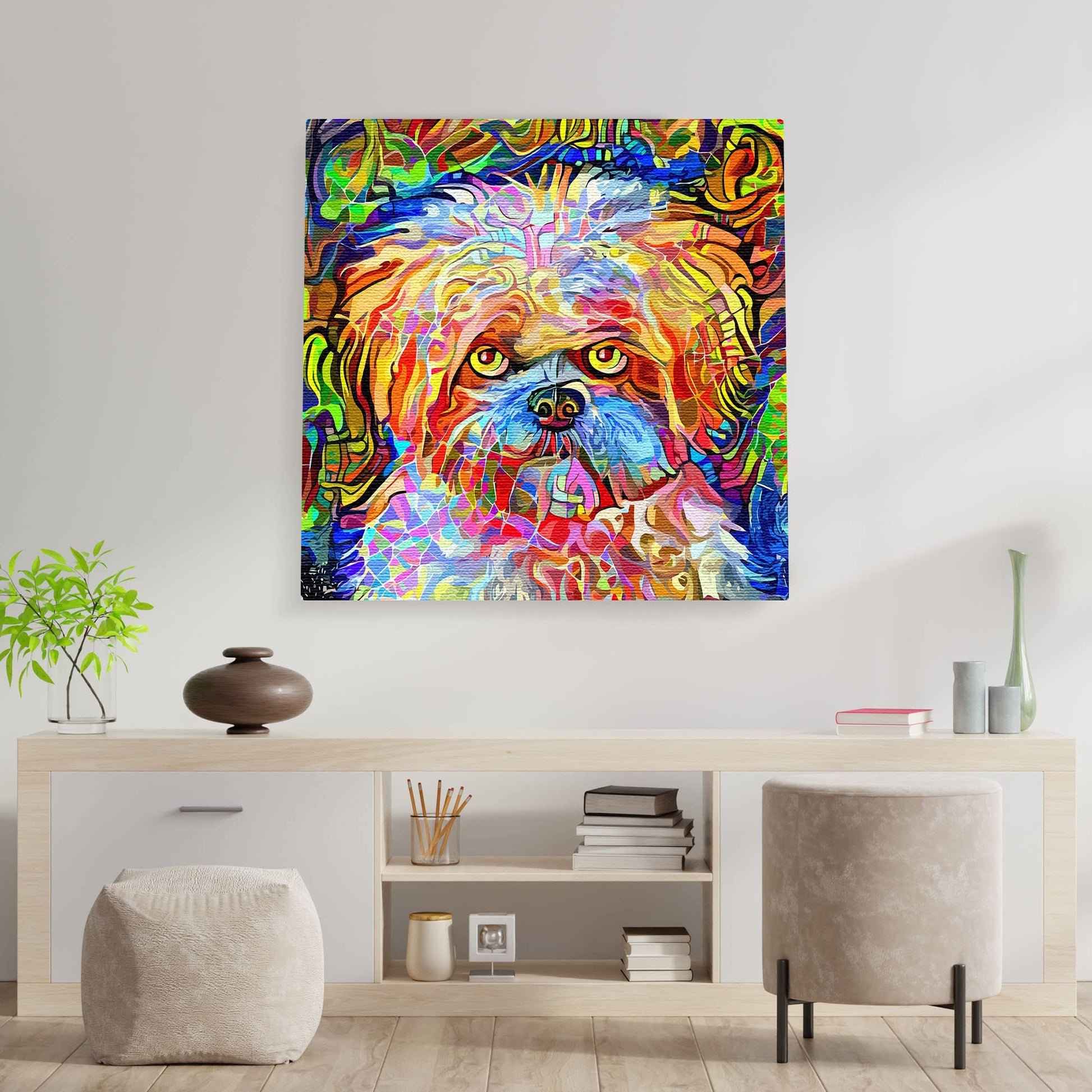 Colorful abstract Shih Tzu dog art with vibrant multicolor geometric and mosaic patterns on square canvas in bright detail