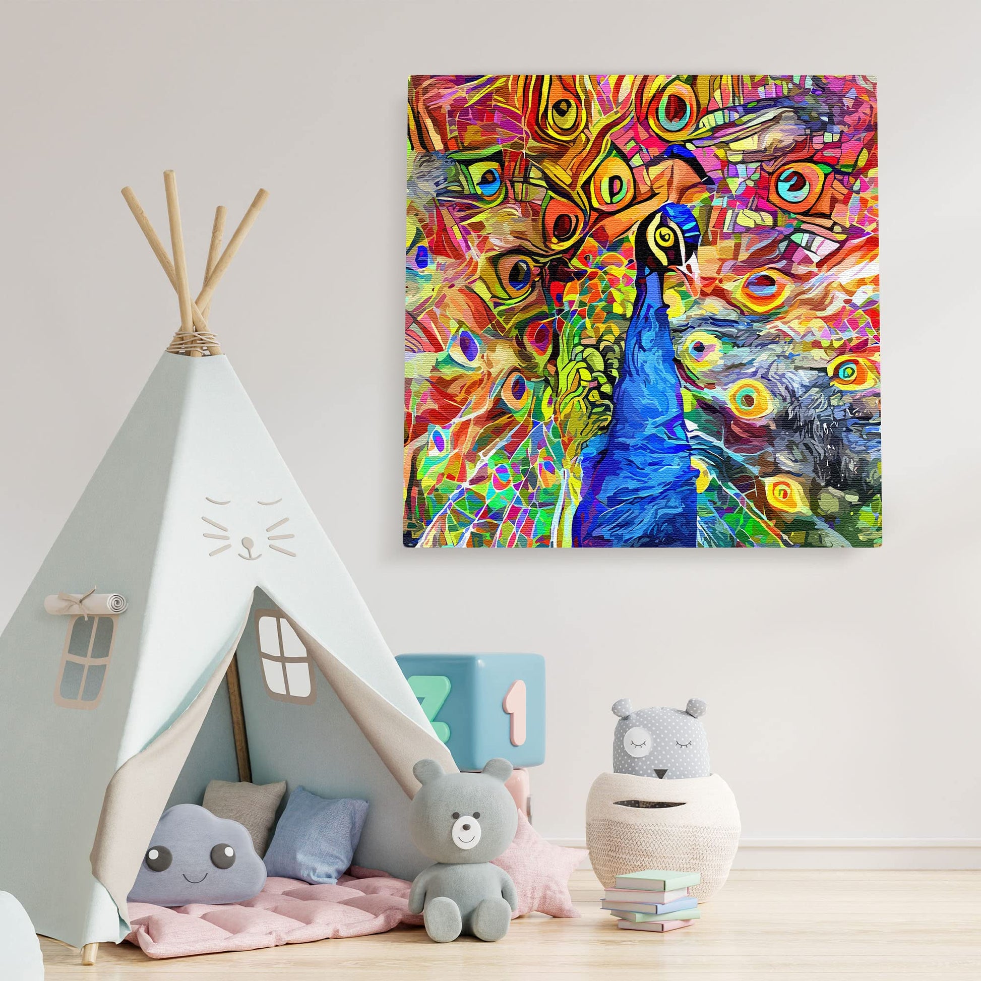 Colorful abstract peacock with vibrant geometric and swirling patterns on square wall art in children's room setting