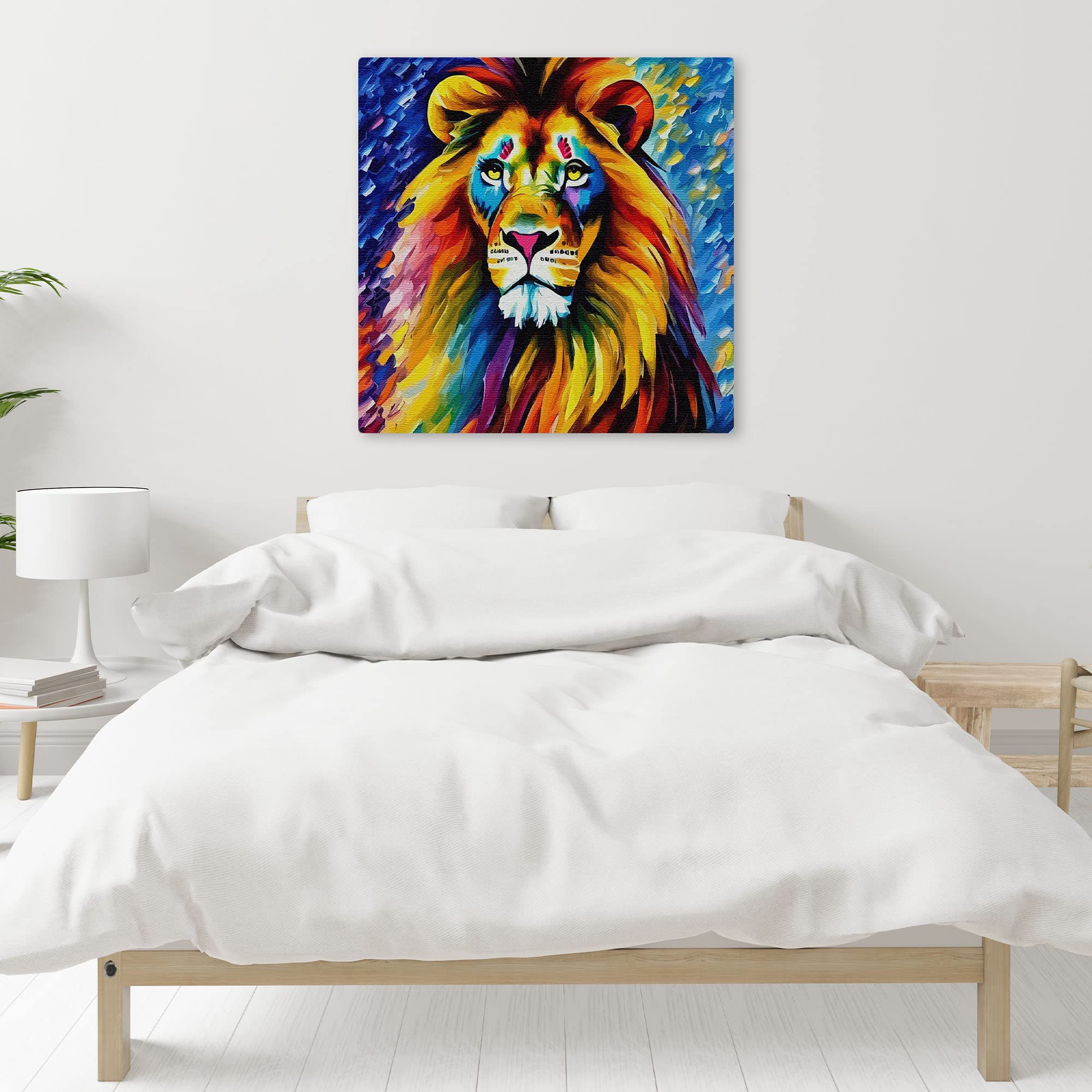 Colorful wise old lion artwork on square canvas displayed on white wall above bed in bright minimalist bedroom