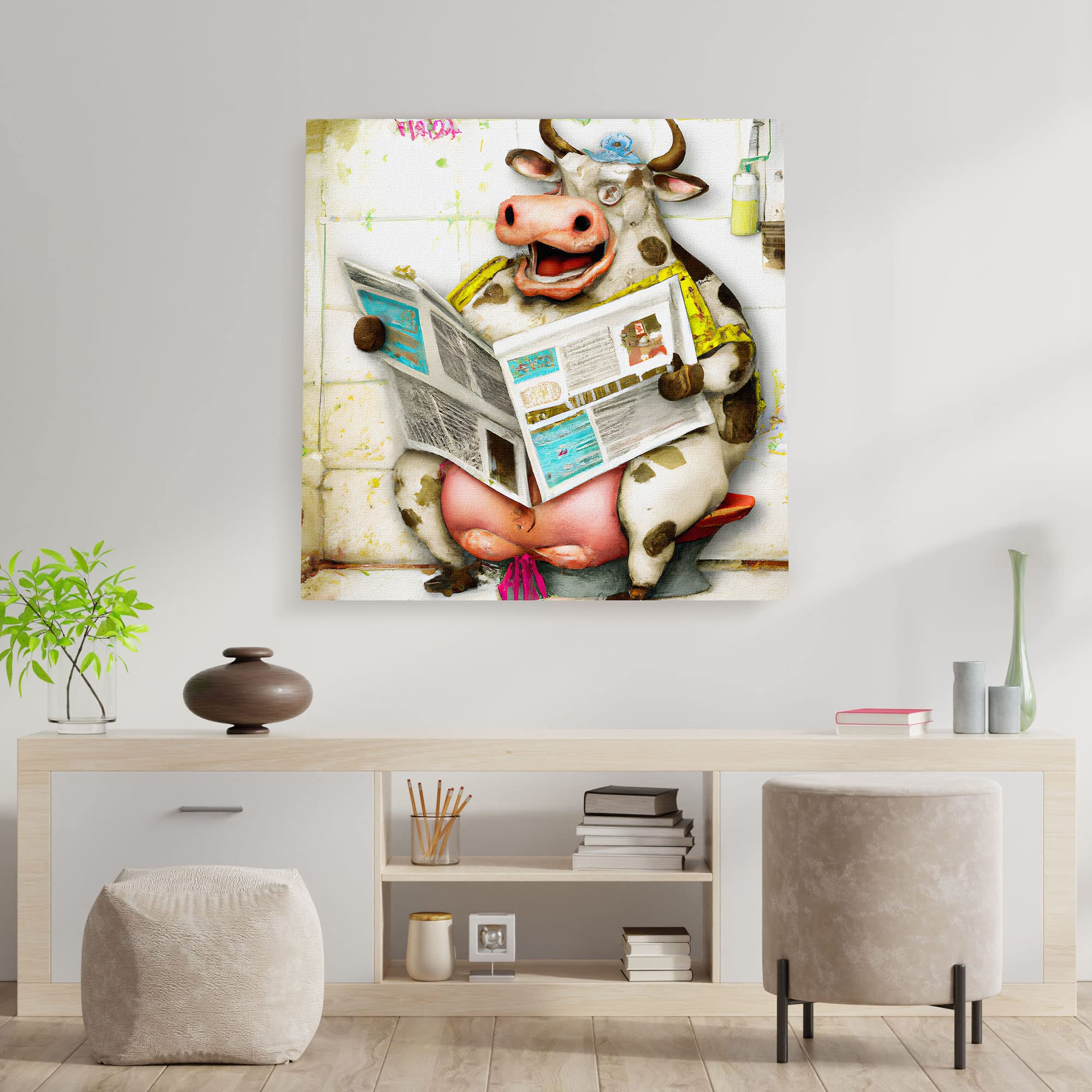 Colorful whimsical funny cow bathroom wall art with cartoon cow sitting on toilet reading newspaper and bathroom items on wall
