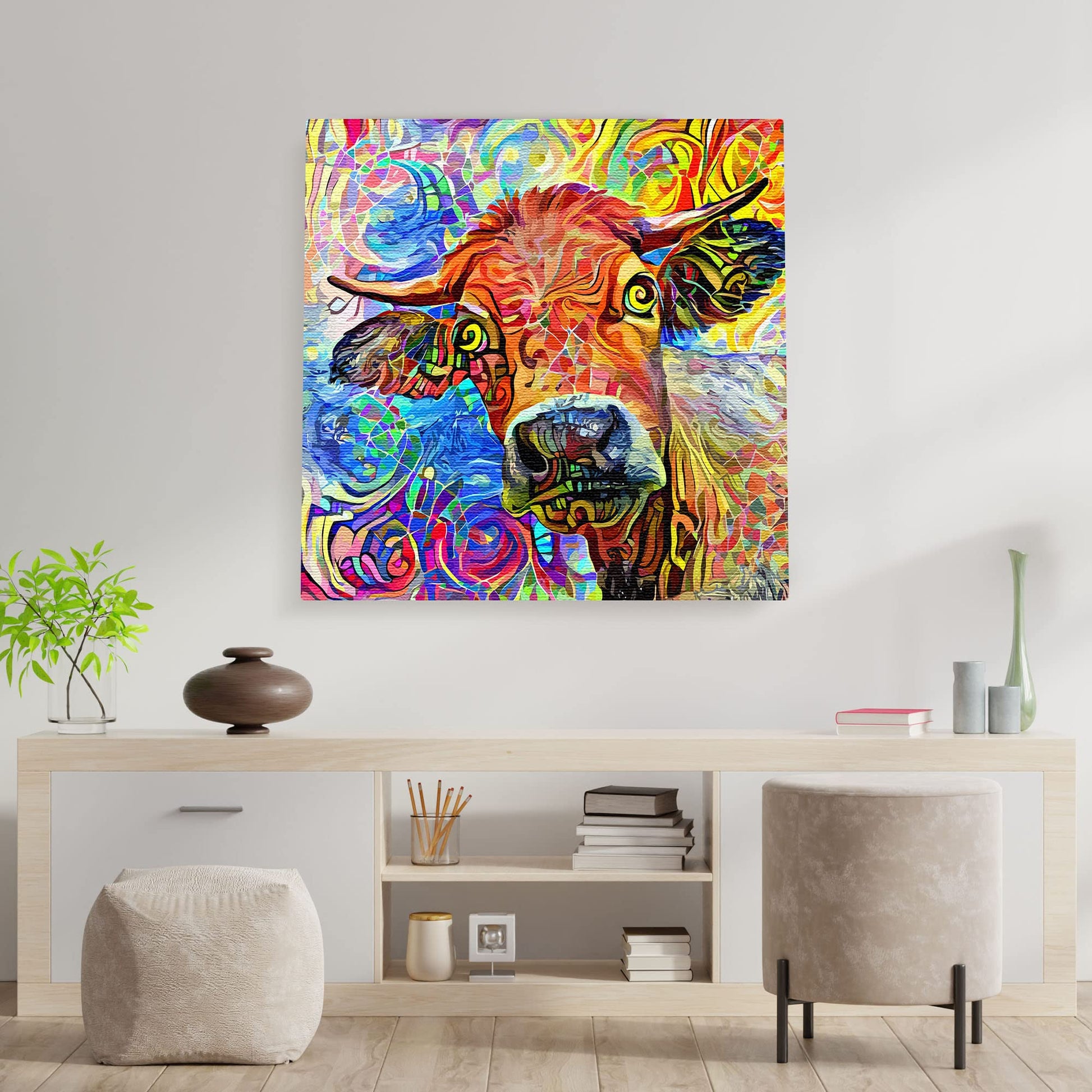 Colorful abstract cow painting with vivid swirling patterns on square canvas displayed on white wall above modern desk area