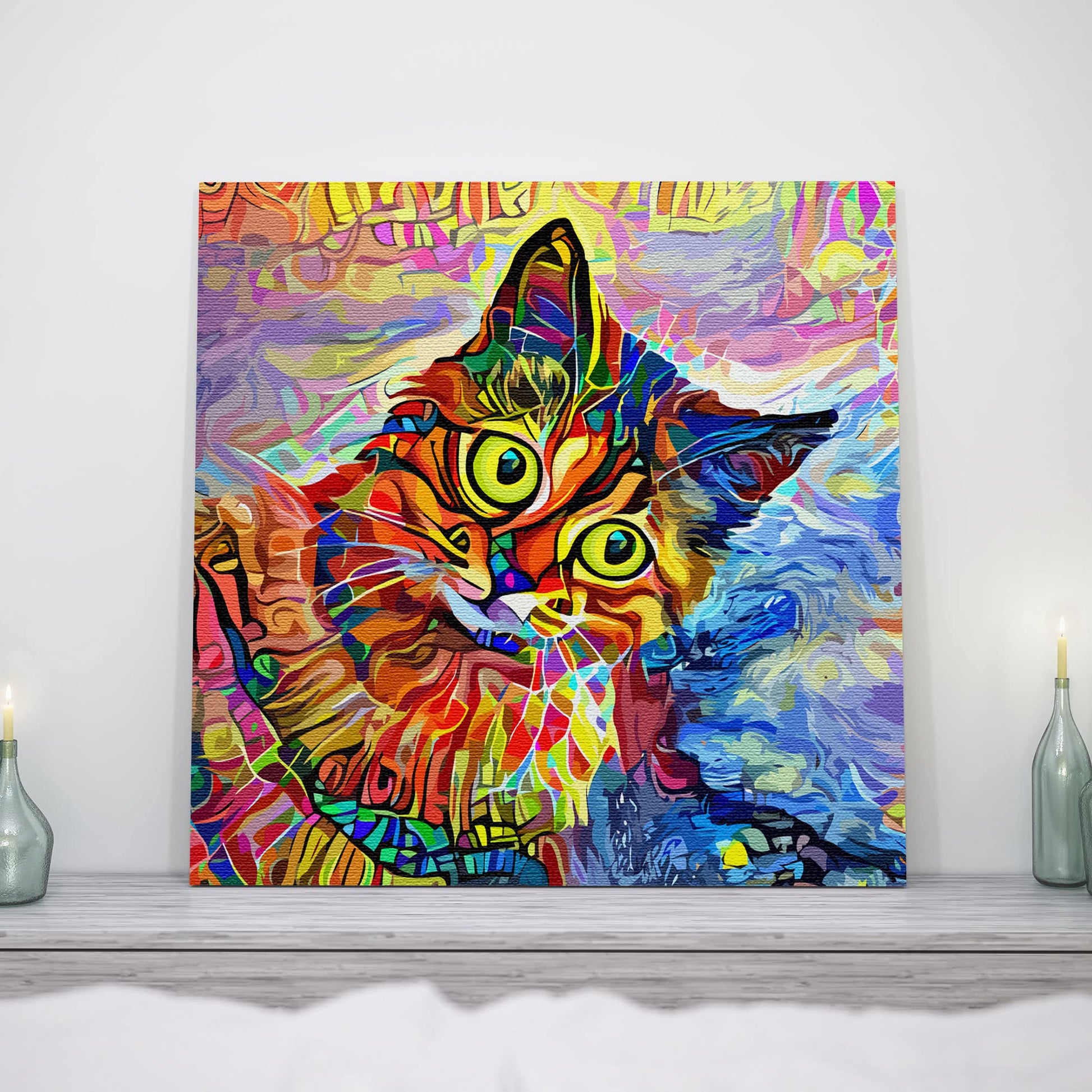Abstract colorful cat wall art with vibrant reds, blues, yellows, and purples in dynamic fluid painterly style on canvas