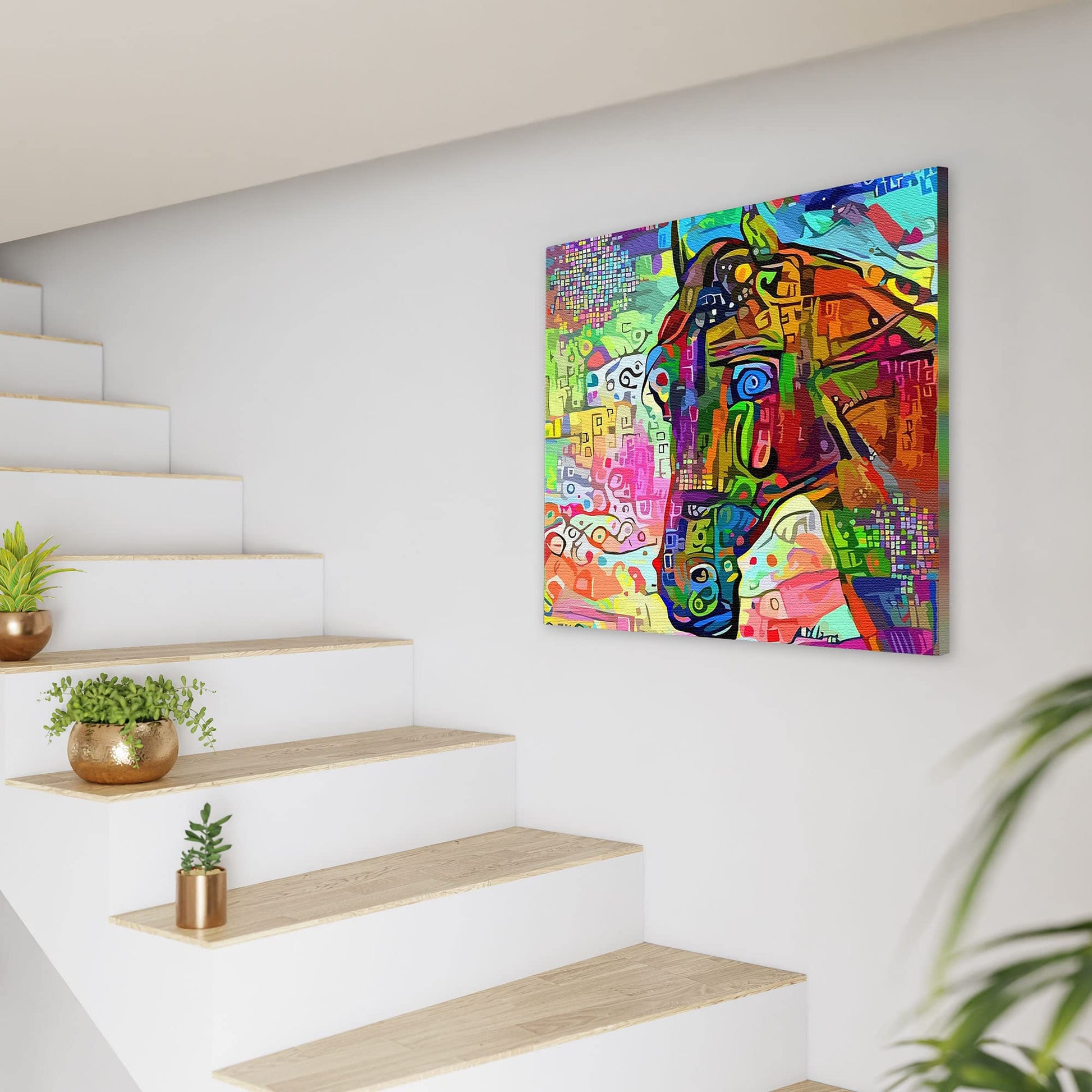 Vibrant colorful abstract horse art canvas on textured fabric displayed in modern minimalist staircase wall decor setting