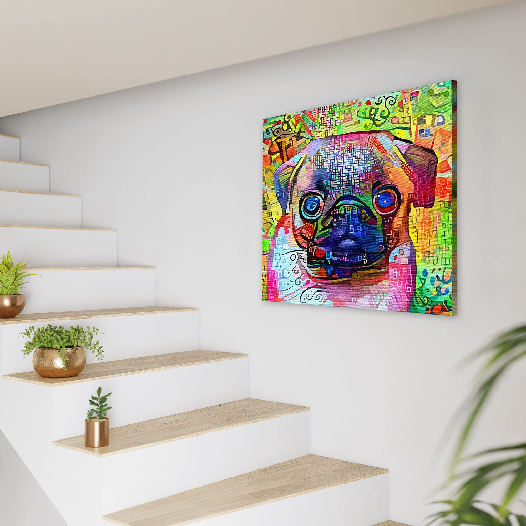 Colorful abstract Pug dog art with vibrant multicolor geometric brush strokes on square canvas hanging on white wall near staircase