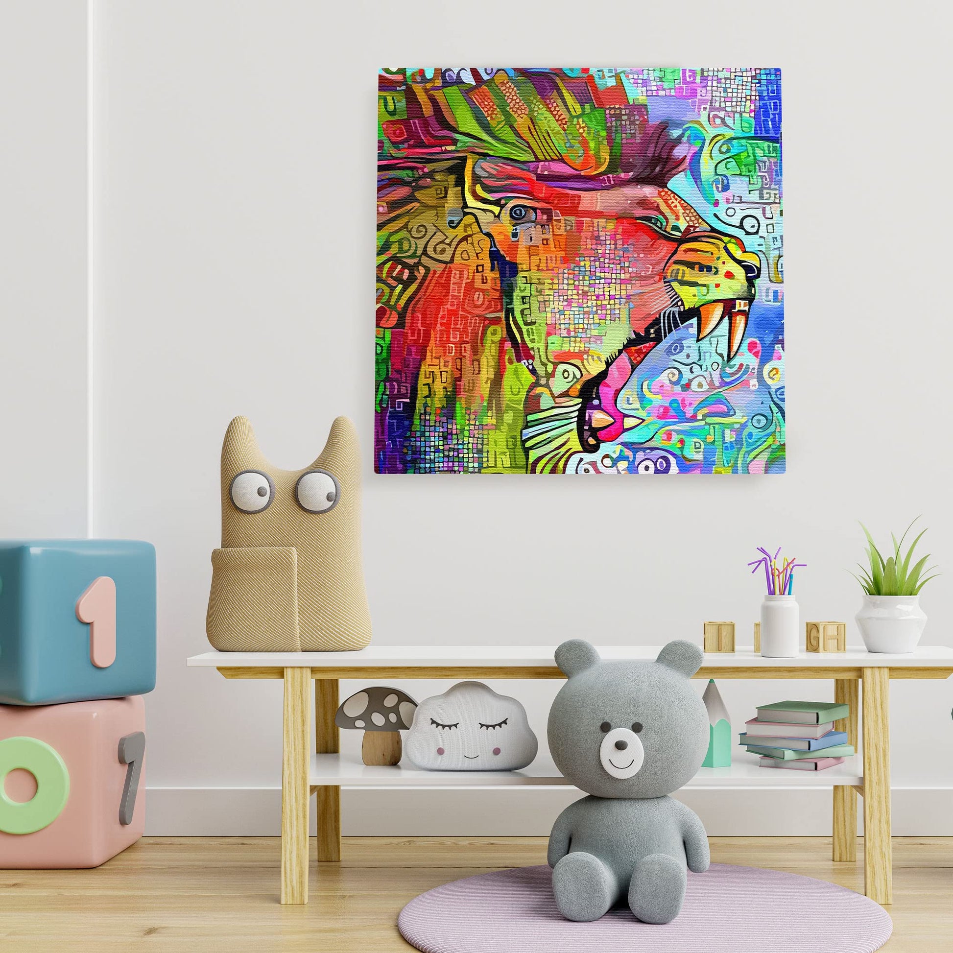 Colorful abstract roaring lion artwork on square canvas displayed on white kids room wall above wooden bench with toys