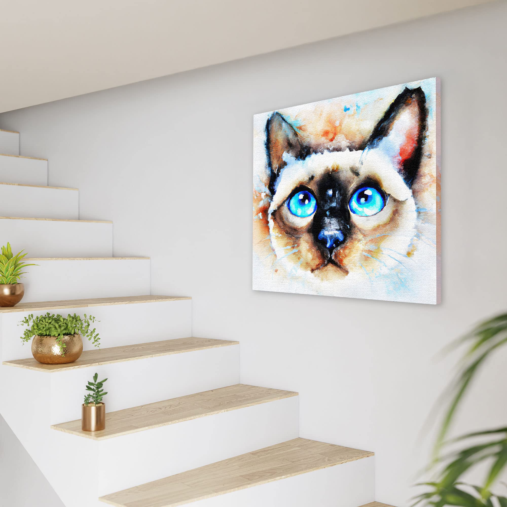 Abstract watercolor Siamese cat wall art featuring bright blue eyes with soft cream and brown tones on a light textured background