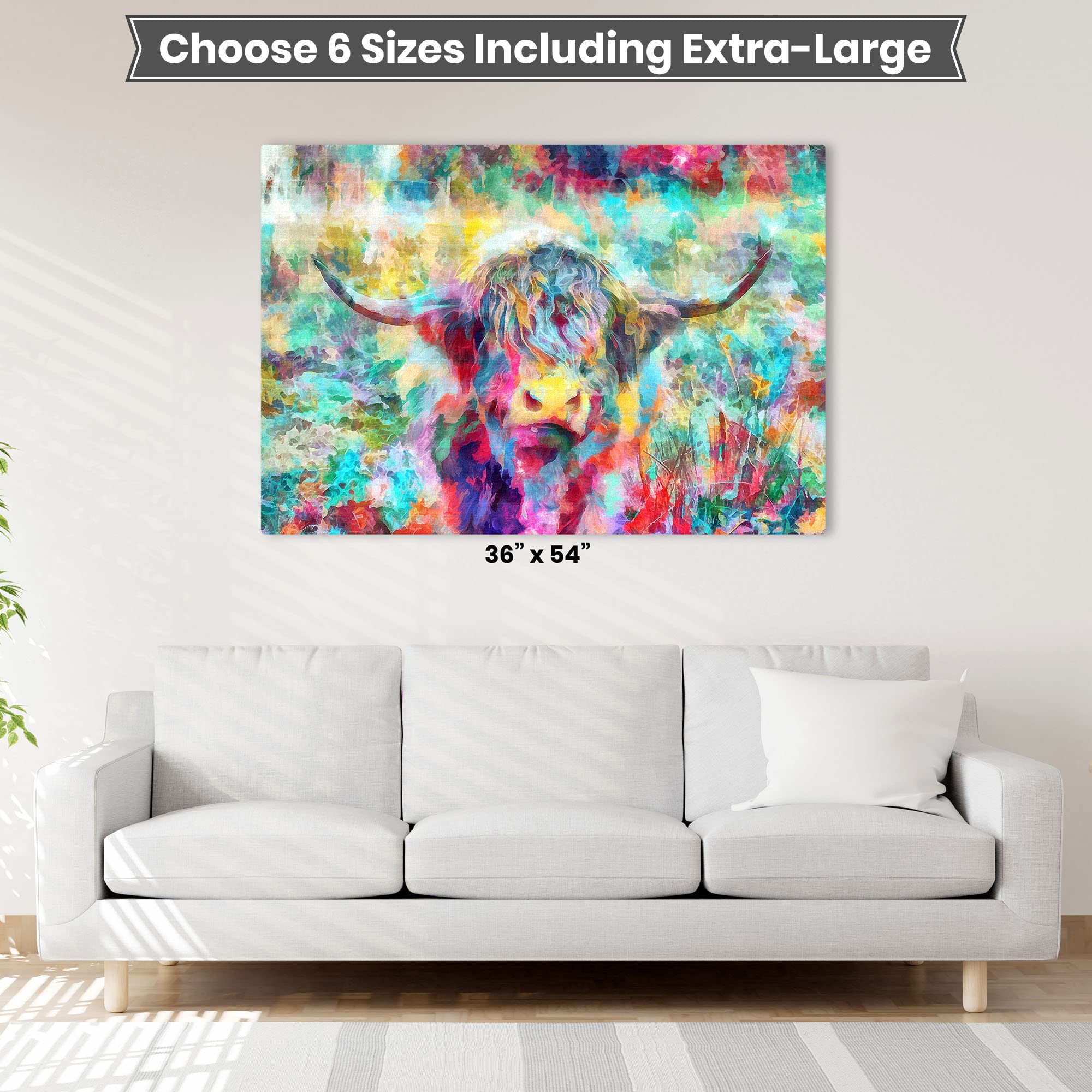 Abstract colorful Highland cow watercolor canvas artwork with vibrant blues, yellows, pinks, and greens in fluid painterly style