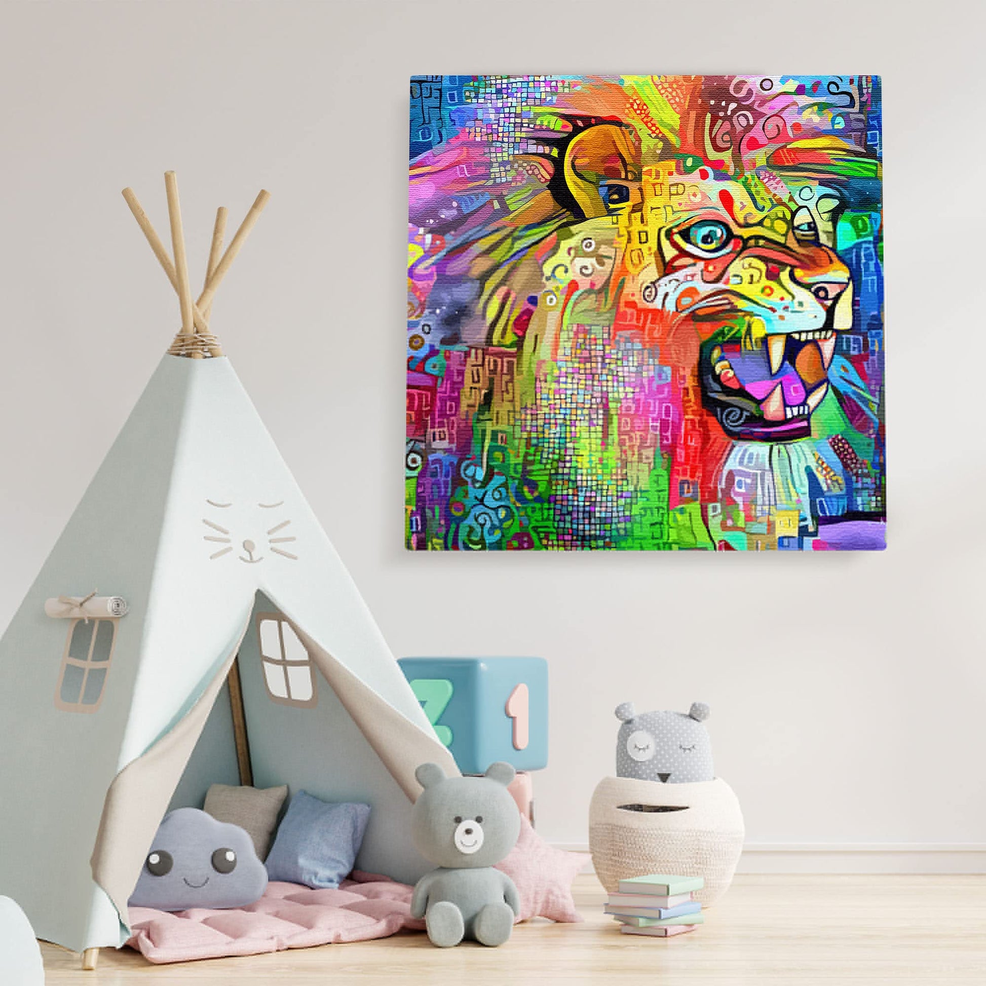 Vibrant multicolored abstract lion artwork on square canvas displayed on kids room wall above playful toys and tent