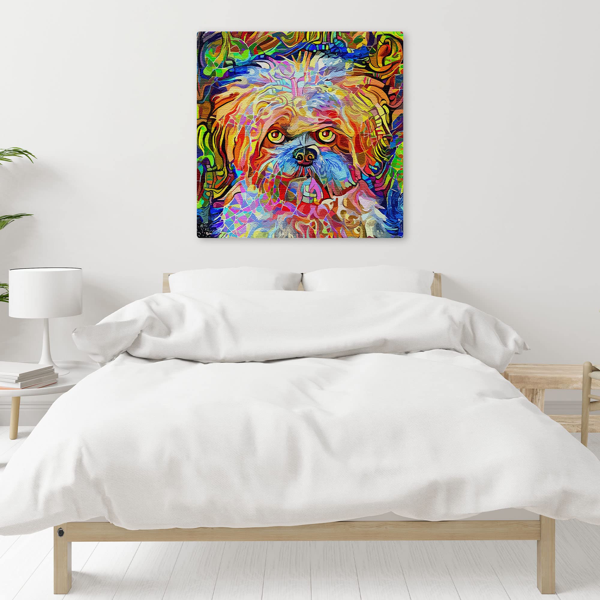 Colorful abstract Shih Tzu dog art with vibrant multicolor geometric and mosaic patterns on square canvas above bed in modern bedroom