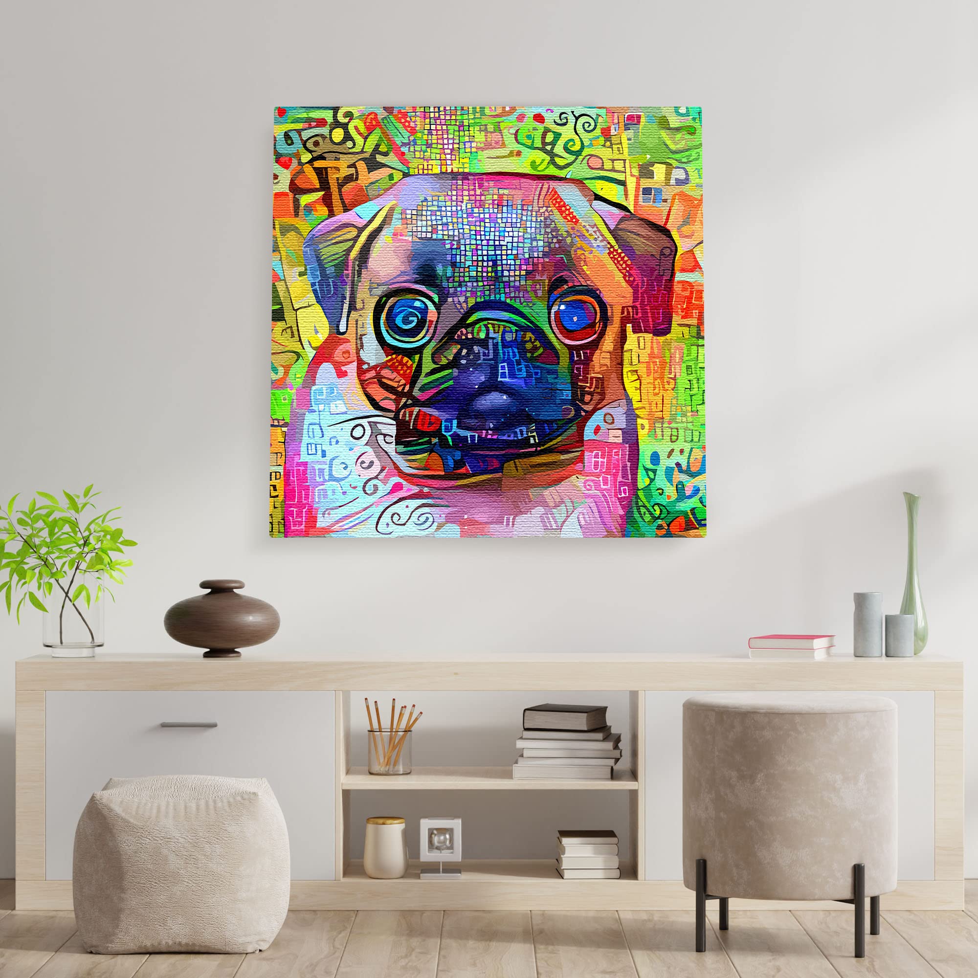 Colorful abstract Pug dog art with vibrant multicolor geometric patterns on square canvas hanging on white wall above modern console table