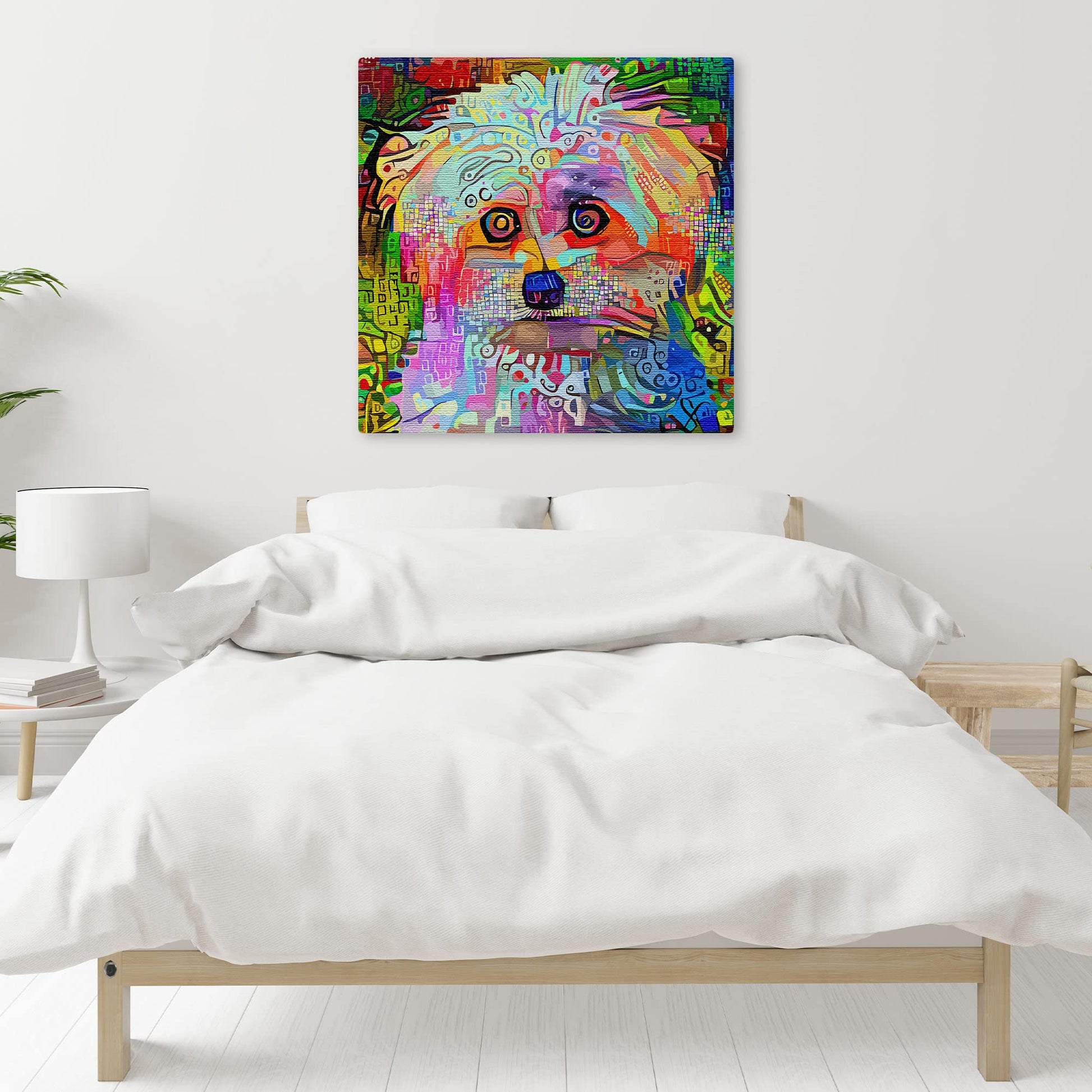 Colorful abstract Westie dog wall art with vibrant geometric and mosaic patterns on square canvas above bed in minimalist white bedroom