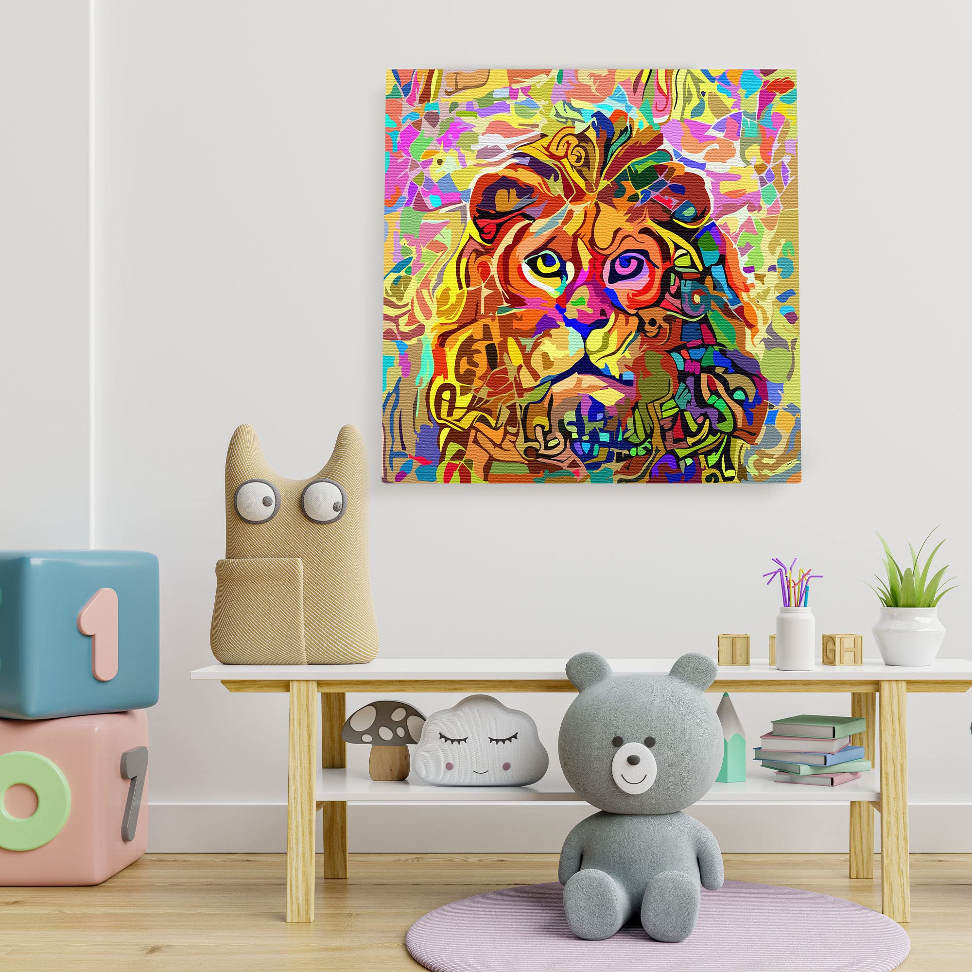 Colorful peaceful serene lion artwork on square canvas displayed on white wall in bright children's playroom with toys