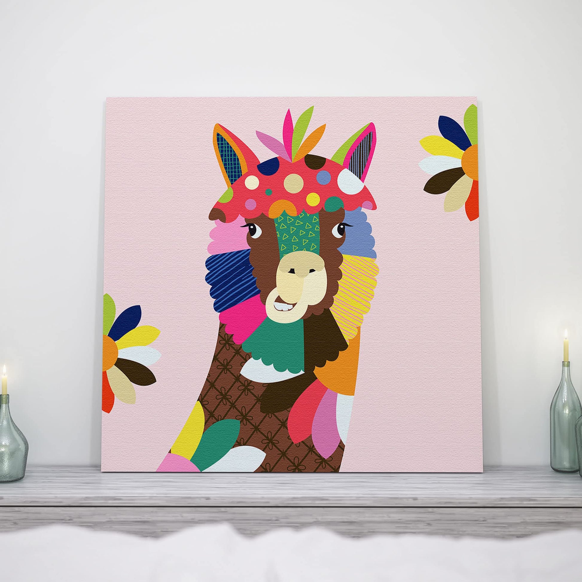 Colorful abstract alpaca nursery wall art with vibrant pinks, blues, greens, yellows, and oranges in geometric and floral patterns