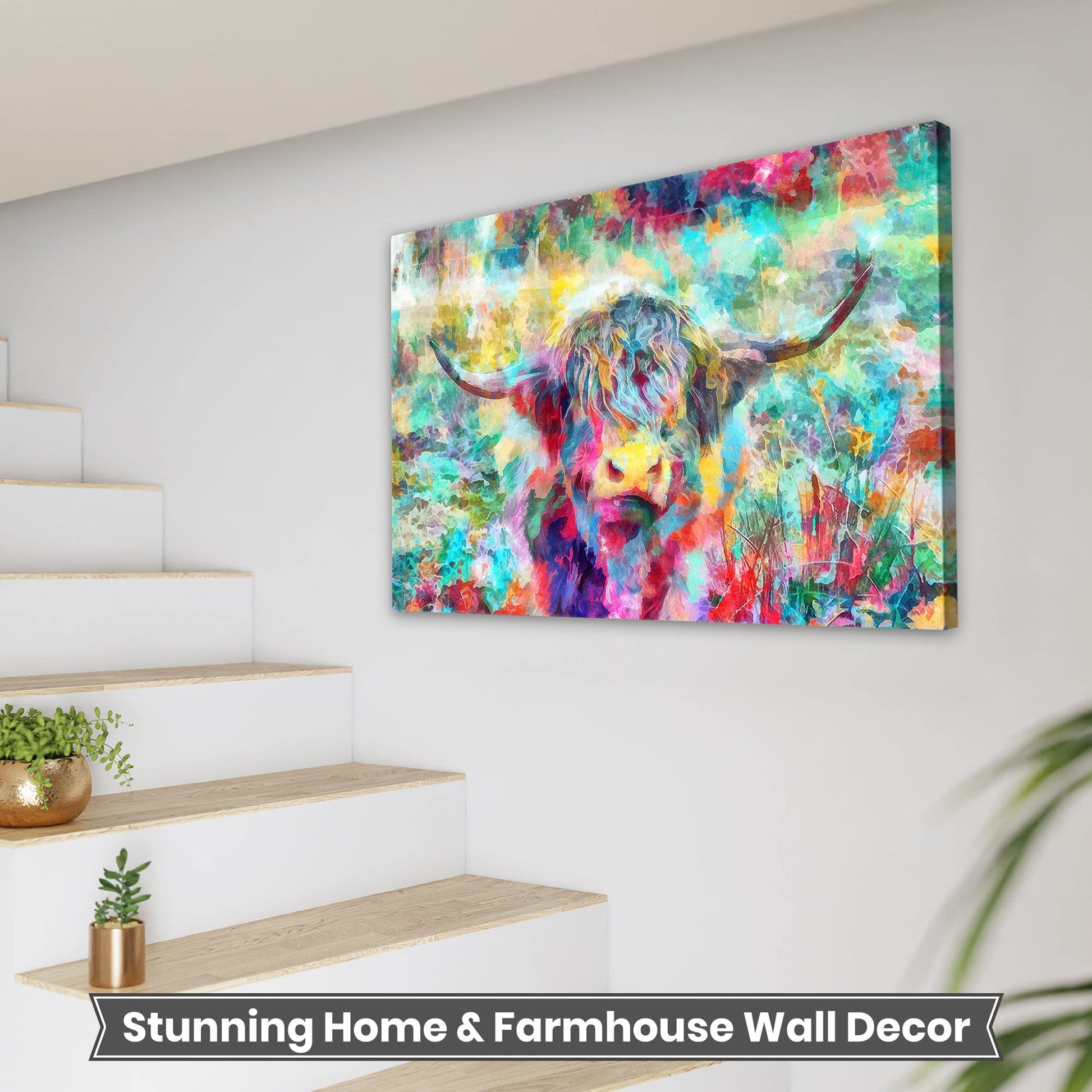 Abstract colorful Highland cow watercolor canvas artwork with vibrant reds, blues, greens, and yellows in fluid painterly style