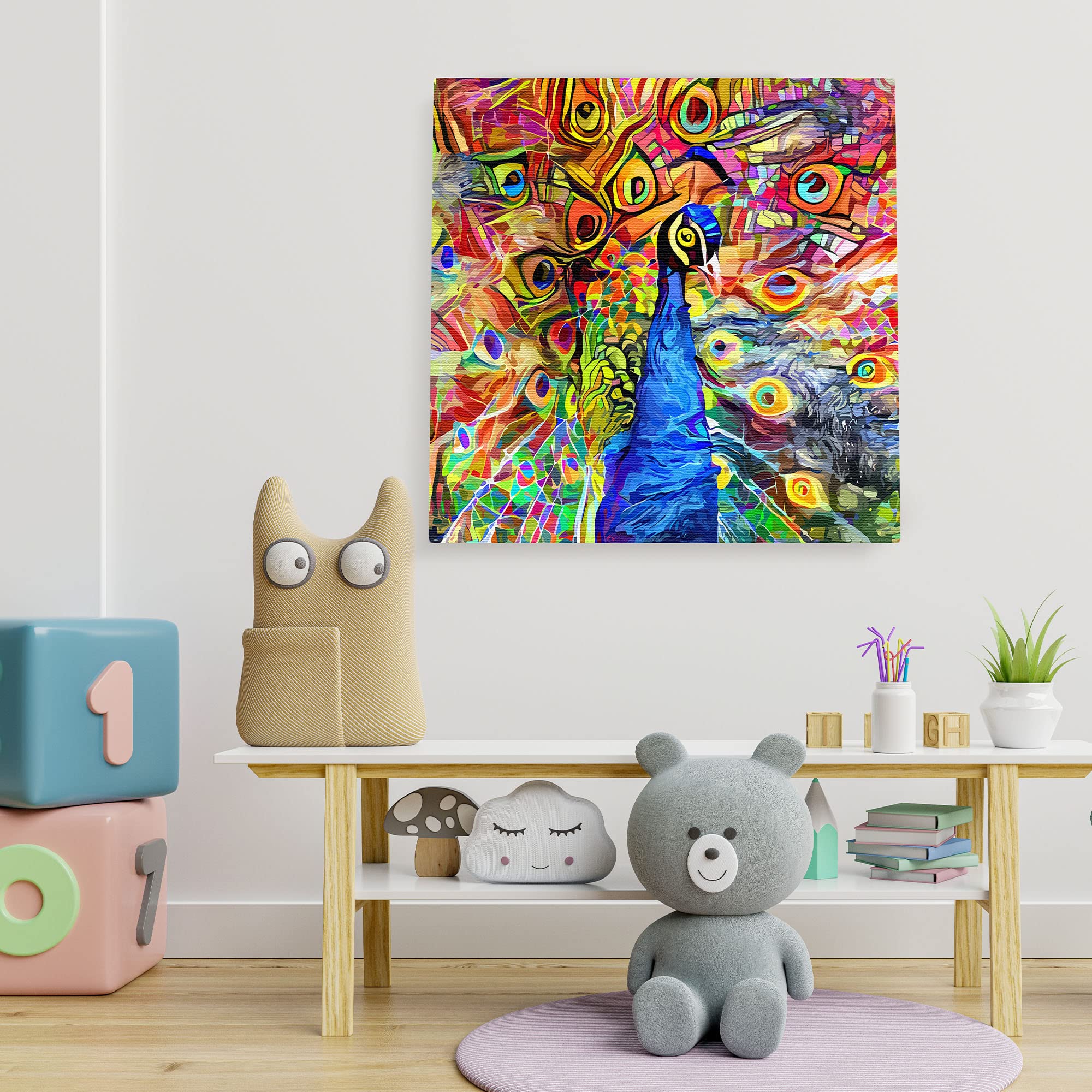 Colorful abstract peacock with vibrant swirling and geometric patterns on square wall art in children's playroom setting