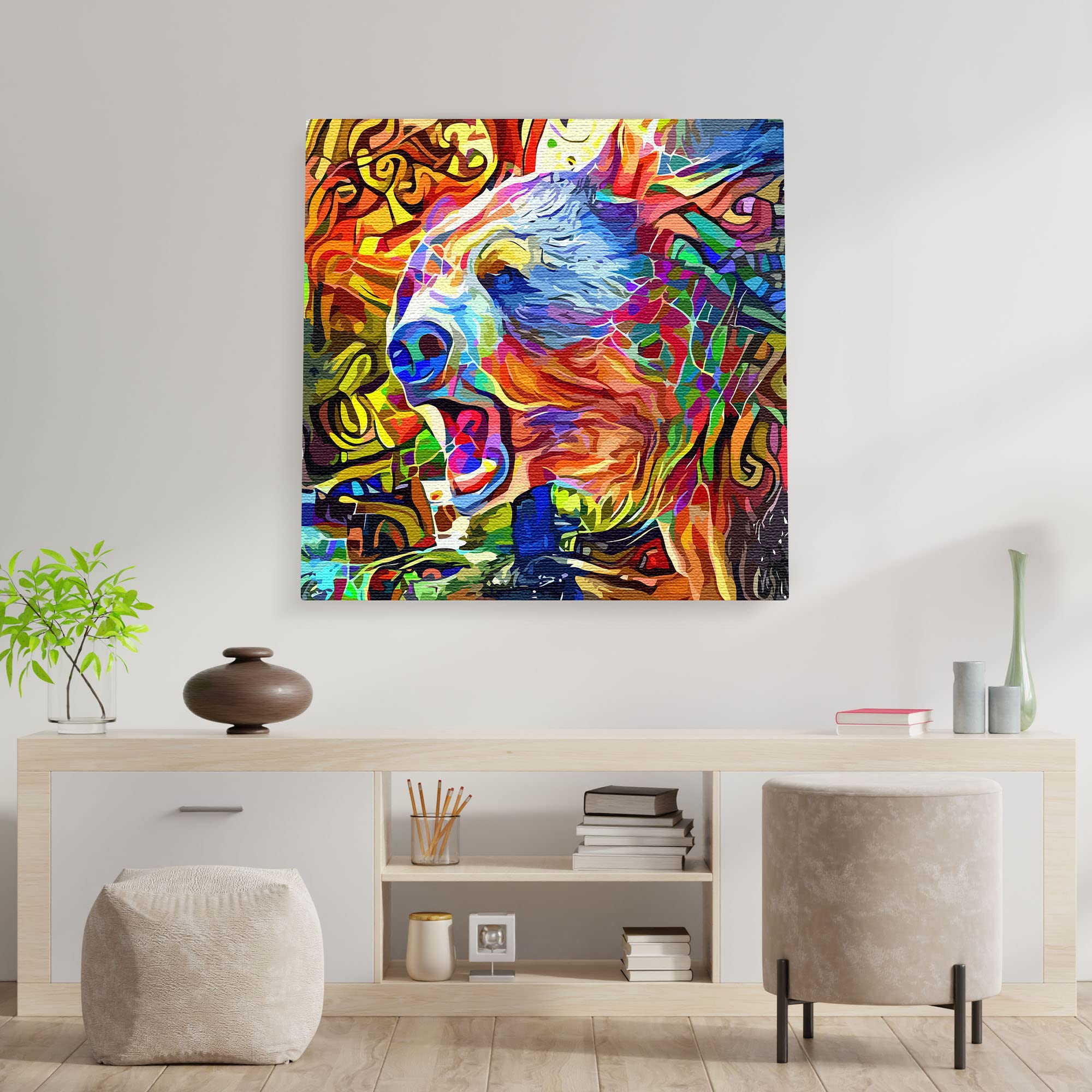 Colorful abstract grizzly bear artwork with vibrant reds, blues, yellows, and greens in swirling mosaic patterns